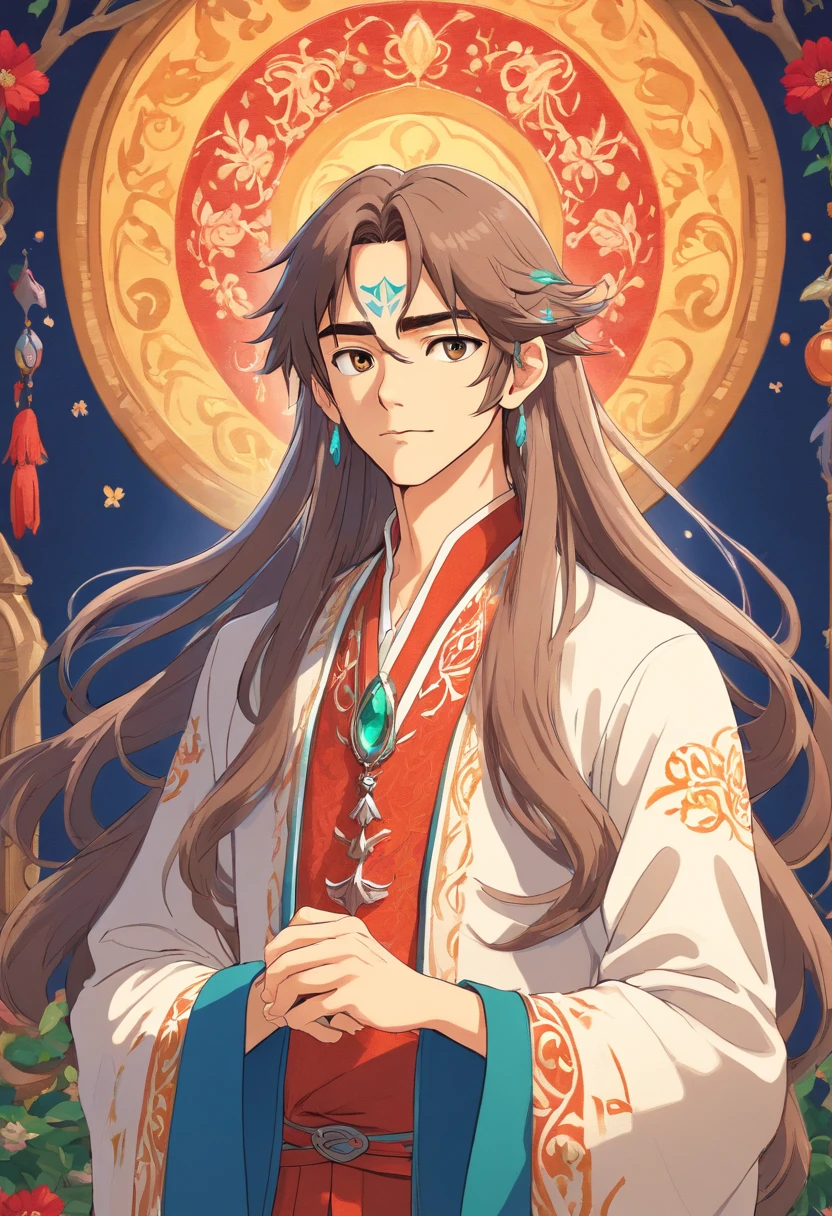A handsome elvish god with fancy embroidered clothes and long hair