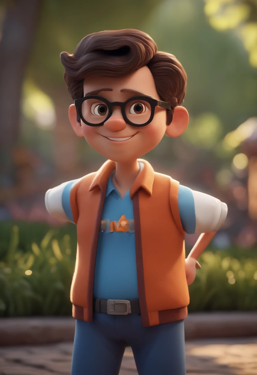 Image of a boy for a story in a YouTube video in Pixar format, He's the little allabester, He's the class leader, He's outgoing, Playful and gets up for a lot of things, cabelo curto, de oculos redondo,