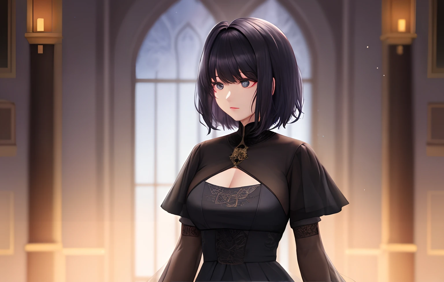 Beautiful, Detailed body, HD, 4K, High quality, High resolution, Primordial Entity, Female, Black void, 1 girl, Black hair, Bangs, Faceless, Creature, Short hair, Royal hairstyle, Royal clothing