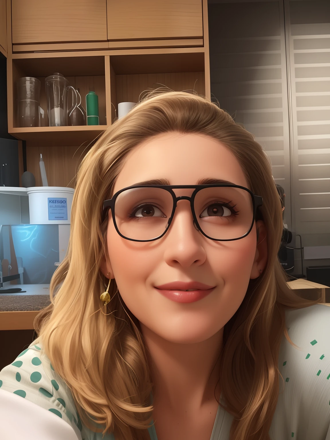 Uma mulher de 49 , midi size , Rosto redondo, cabelos curtos um pouco grisalho e loiro, oculos  de armacao preta grande, sorriso encantador, e olhos castanhos escuros, in a laboratory at the Butantan Institute, vestindo  jaleco sapatos e calcas brancas e uma bancada com vacinas.