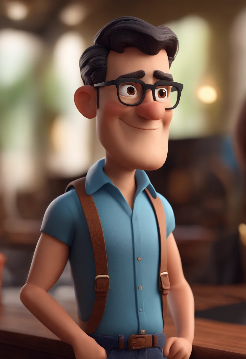 Cartoon character of a man with black glasses and a blue shirt, animation character, Caractere estilizado, animation style rendering, 3D estilizado, Arnold Maya render, 3 d render stylized, toon render keyshot, Personagem 3D, Personagem 3D, 3d rendering stylized, 3 d character render, personagem de desenho animado, Personagem de close up, Pose de personagem,  (Estilo Pixar) (master part:1.2) (Bokeh) (best quality) (pele detalhada) (textura detalhada) (8k) (argila) (Cinematic lighting) (foco nítido