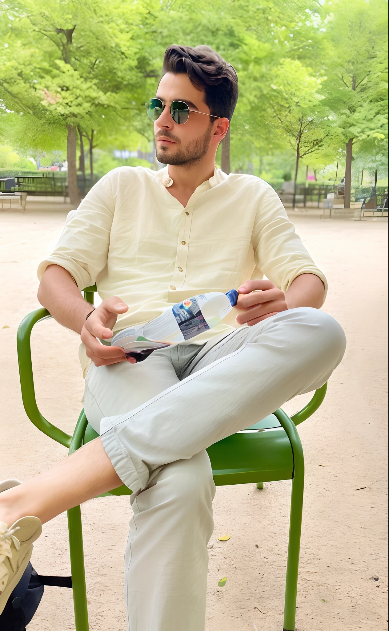 Un jeune homme très beau assis dans un parque portant des lunettes de soleil