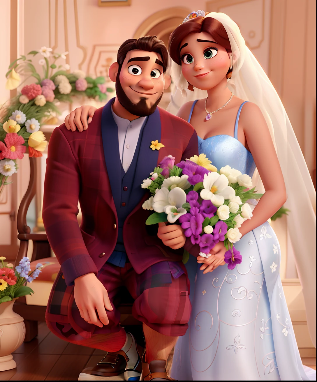 Casal estilo disney pixar melhor qualidade alta qualidade. Homem moreno cabelo comprido crespo barba e mulher loira olhos azuis cabelos longos lisos