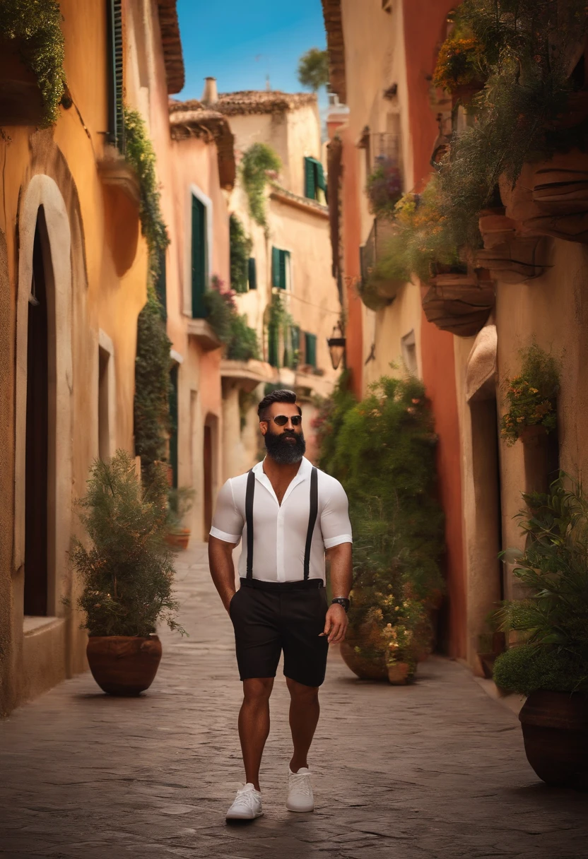 Poster 3D inspirado na Disney/Pixar capturing a scene with the title "Italian" um garoto de 28 anos com barba preta, cabelo desbotado de navalha preta, camisa preta, Short white shorts and a white sneaker with concealer symbol.