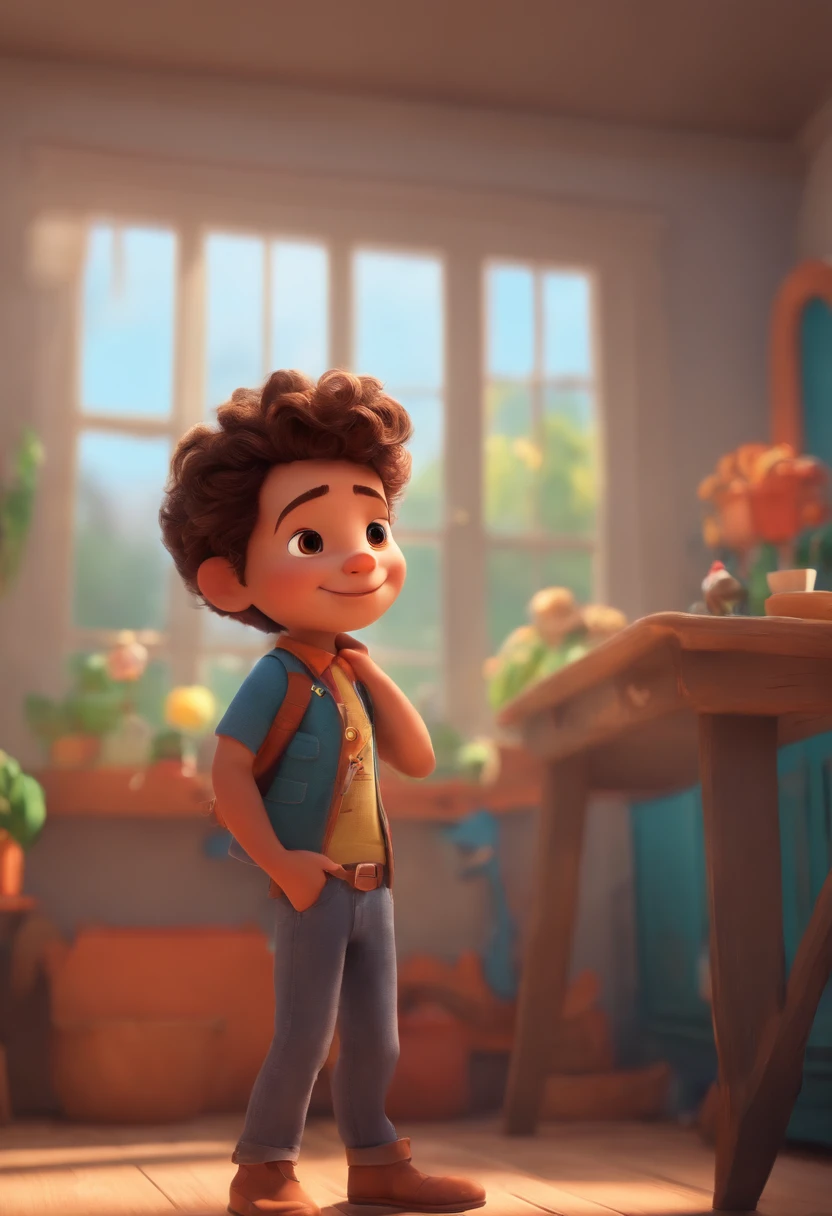 Image of a boy for a story in a YouTube video in Pixar format, He's the allabester, He's the class leader, He's outgoing, Playful and gets up for a lot of things, cabelo curto