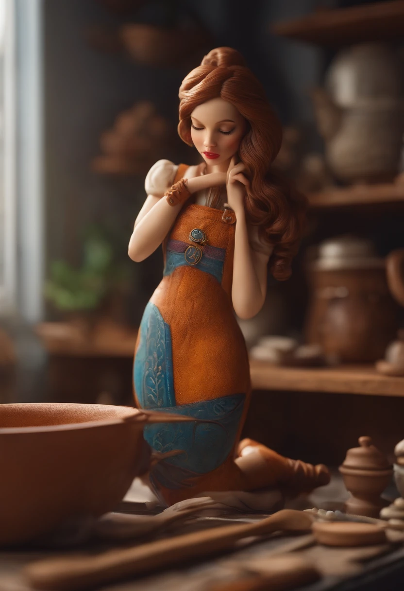 Desenho em estilo 3D da Pixar de uma mulher em   Seu atelier pintando porcelanas  cabelos castanhos e longos olhos castanho