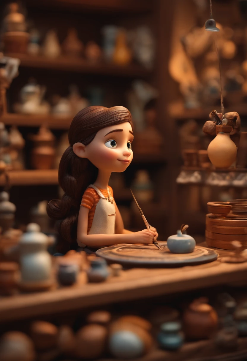 In the pottery studio,A little girl has dirt on her face,Sit in front of the pottery machine,There is a pokemon next to it