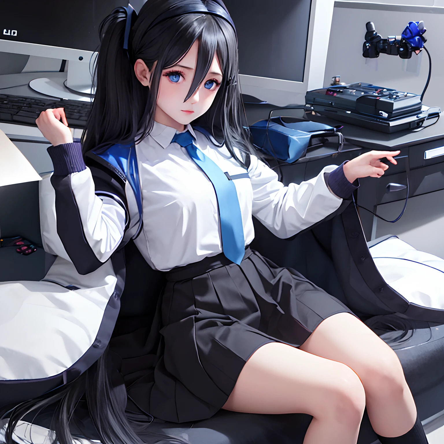 1 girl, solo, Arisu, Blue_Archive, black hair, purple eyes, expressionless, oversized white shirt, mini skirt, black kneehighs, laboratory in background, neo-futurism