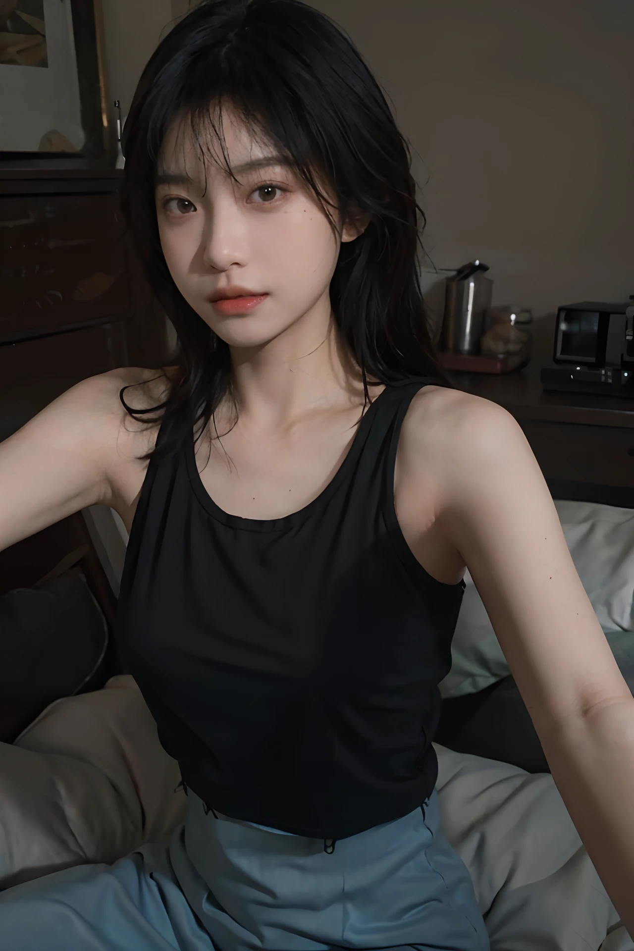 8K,Best quality, masterpiece, ultra high res, (photorealistic:1.4), raw photo, (Authentic skin texture:1.3), (film grain:1.3), (selfie angle),1girl,beautiful detailed eyes and face,masterpiece, best quality,close-up, black tight tanktop, black underwear, on the bed