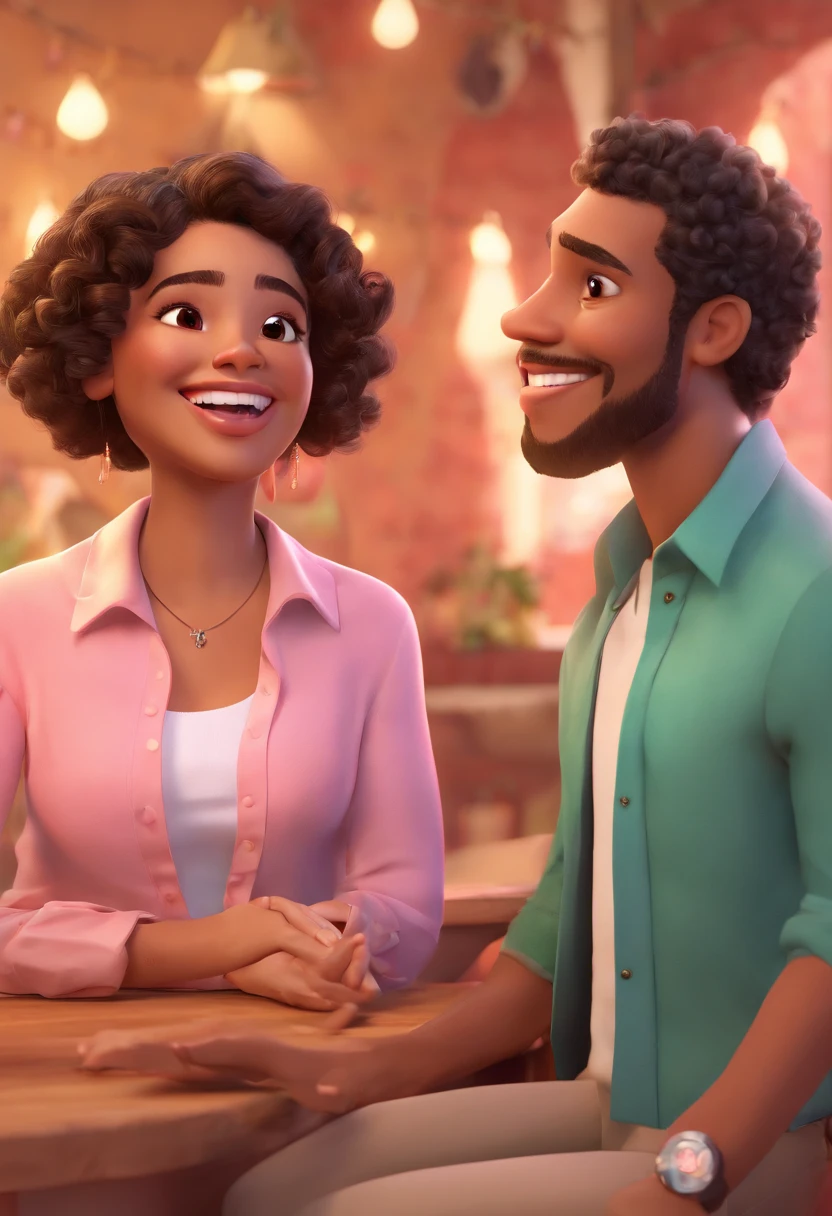 An illustration of an adorable couple, Highlight for a smiling chubby mulatto man wearing a pink shirt and a brunette woman with beautiful expressive eyes - the man's skin is mulatto and the man's hair has, while the woman's skin is black and the woman's hair is straight and brown. They are a bright room, cada um com um sorriso no rosto, e compartilhar um momento especial caracterizado pelo amor, Insights. Illustrate this scene from a perspective where they are facing the camera, Smiling and Showing Your Connection. Desenvolva esta arte em Full HD, Focus on your cinematic touch, Estilo Disney Pixar Animations