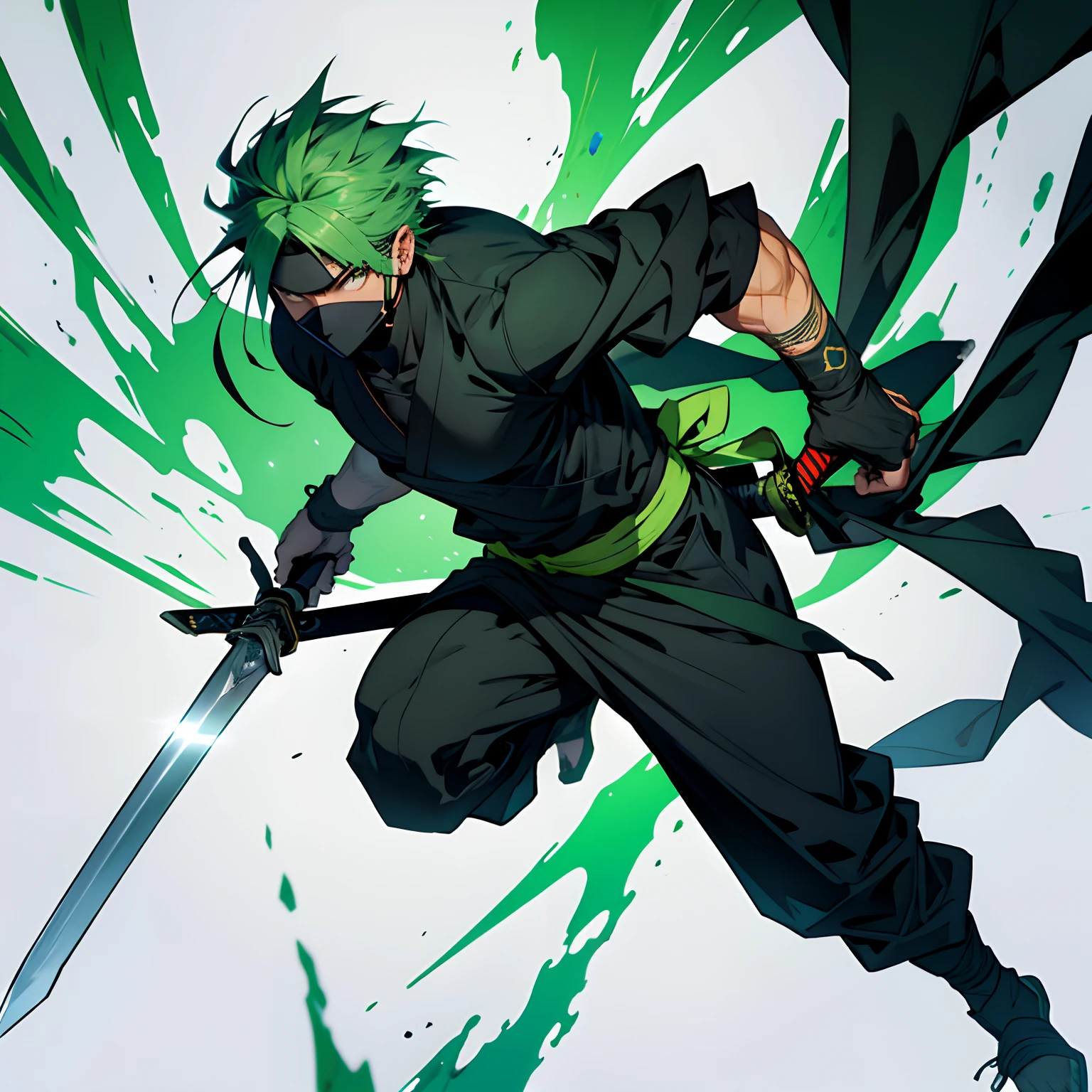 Ninja de uniforme verde, holding a sword in each hand