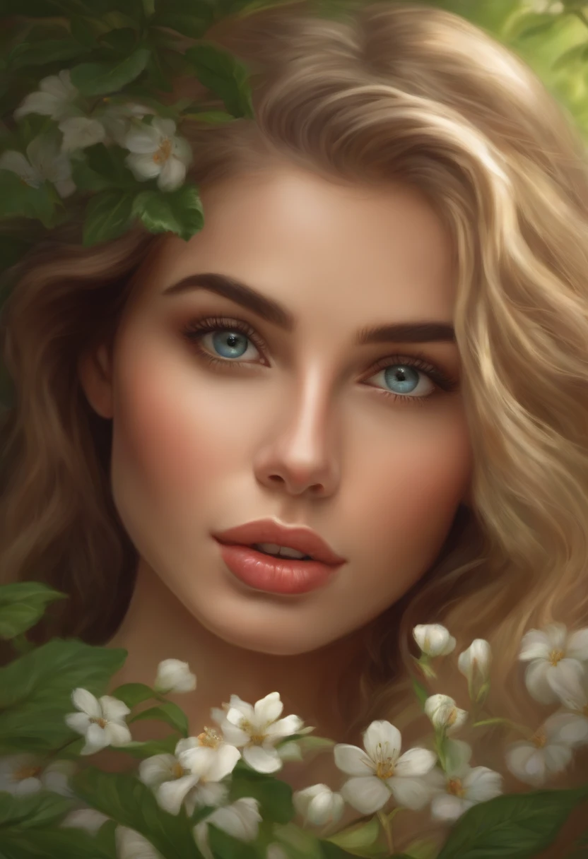 A girl in a garden, oil painting, beautiful detailed eyes, beautiful detailed lips, extremely detailed face and eyes, long eyelashes, medium:1.5, ultra-detailed, photorealistic:1.37, vibrant colors, natural lighting, vivid flowers, lush greenery.