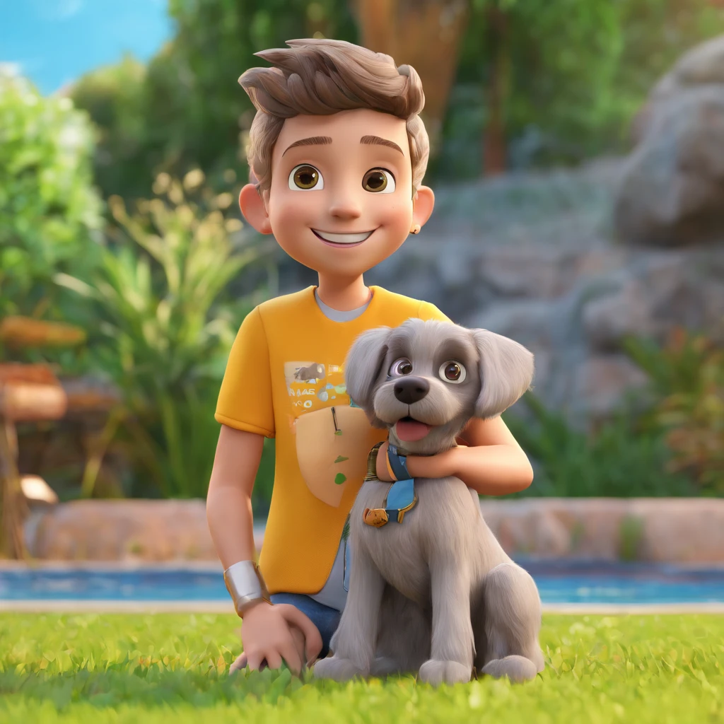 Lucas is a smiling 5-year-old human boy, com seu fiel amigo, Bolt, o cachorro schnauzer, deitados no jardim