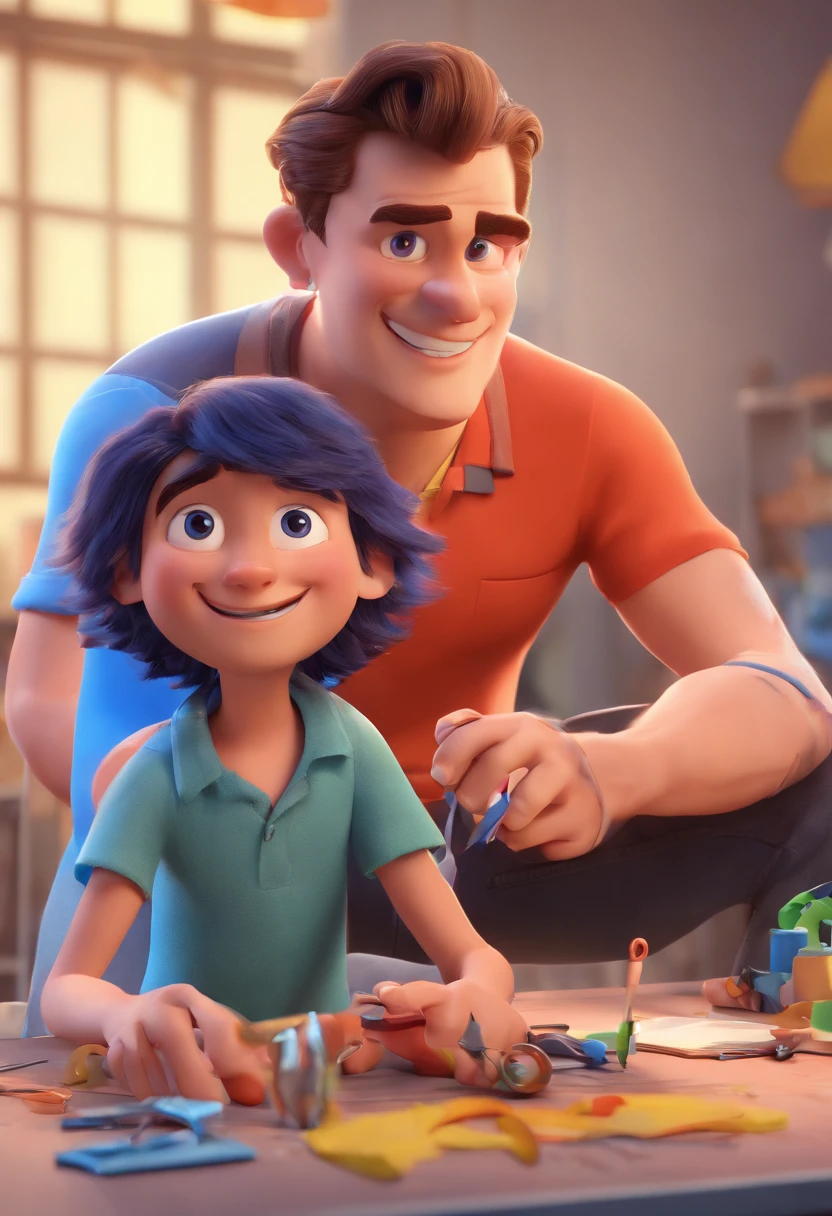 Estilo Pixar: The grown man is holding a naked blue-eyed boy and in his other hand he is holding a pair of scissors and is trying to cut off the boy's testicles,3D Poster,Disney