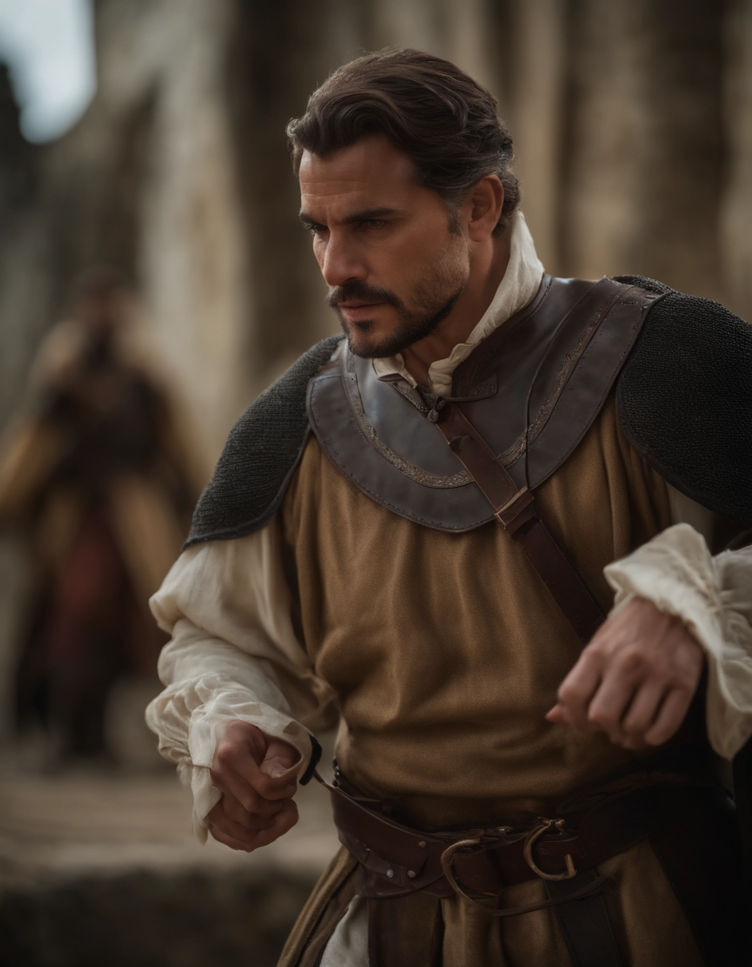 cinematic portrayal, parte superior do corpo, rosto, facing the audience, (realidade :1.3), uma das obras mais bonitas do mundo, A man looks at the camera, trajes medievais, (roupas velhas danificadas e desgastadas :1.4), rosto bonito detalhado, Action Shooting, Fundo antigo da cidade, fotos realistas, CG, Art Station