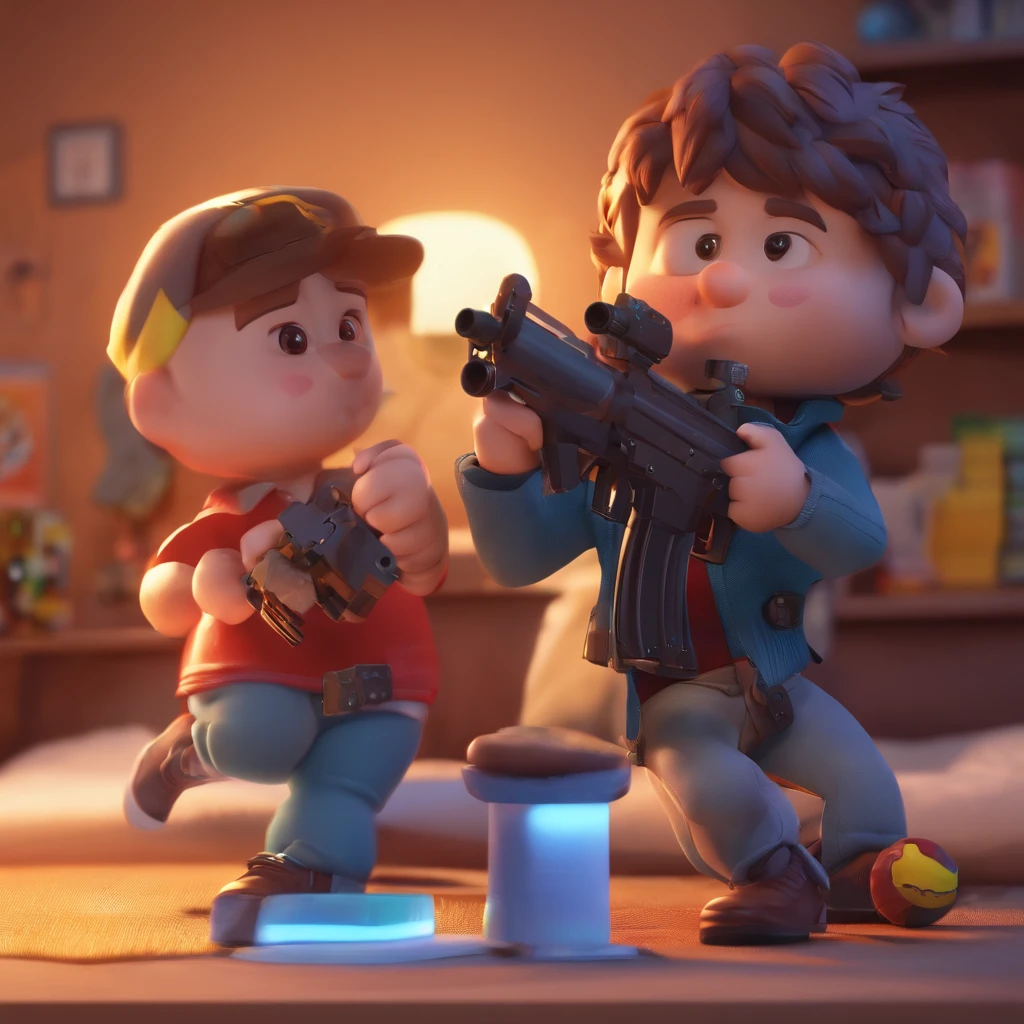 create an image of a child playing a video game with a gun in his hand, avenger style
