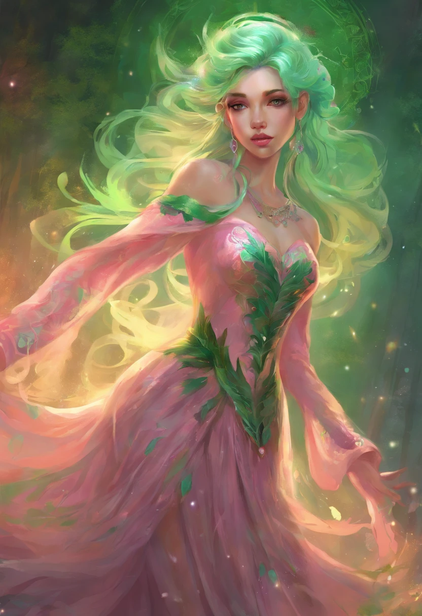 Girl With Pink skin color with green hair wearing a green laced up dress