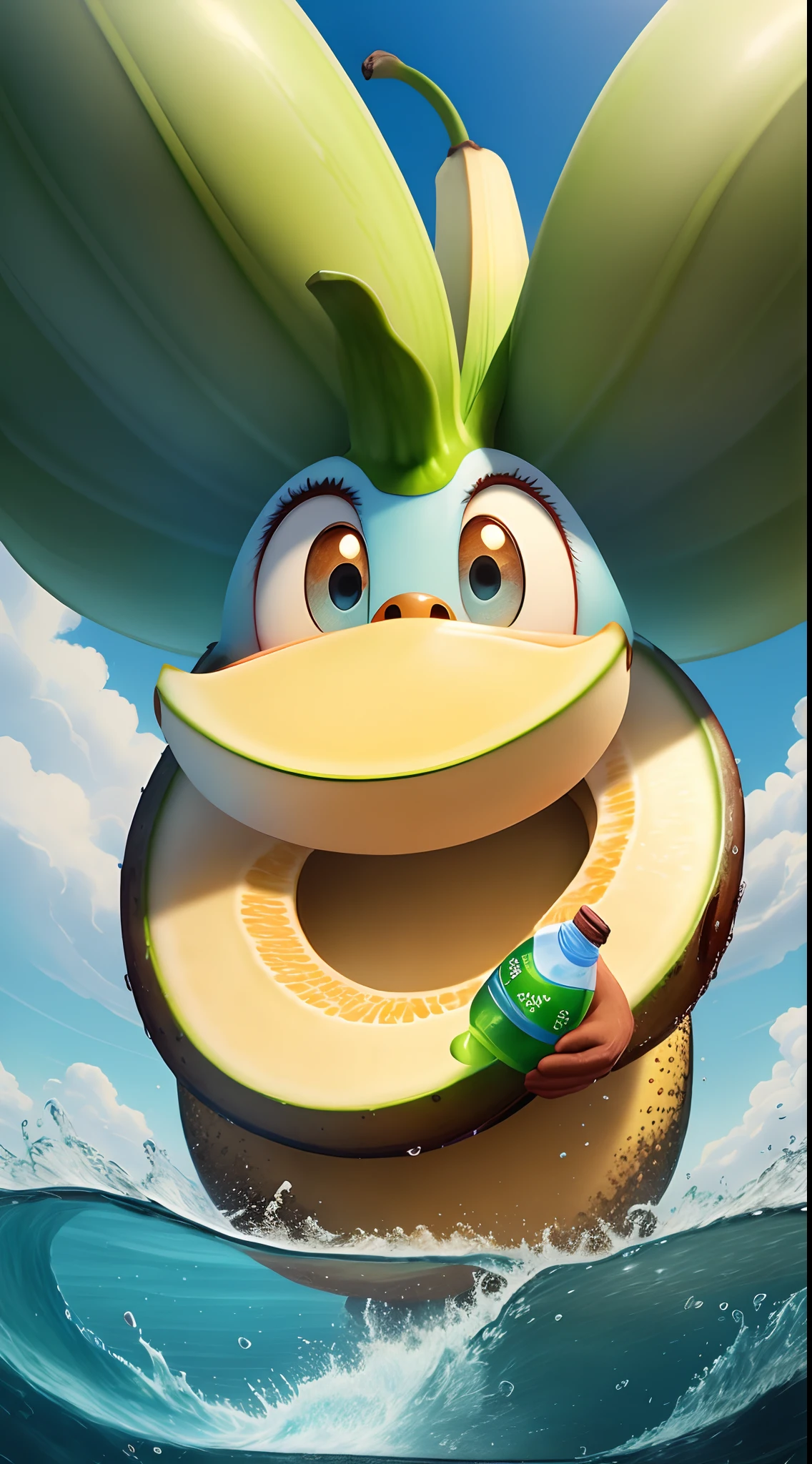 Disney Pixar poster of a movie about giant bananas who are at war with water bottles