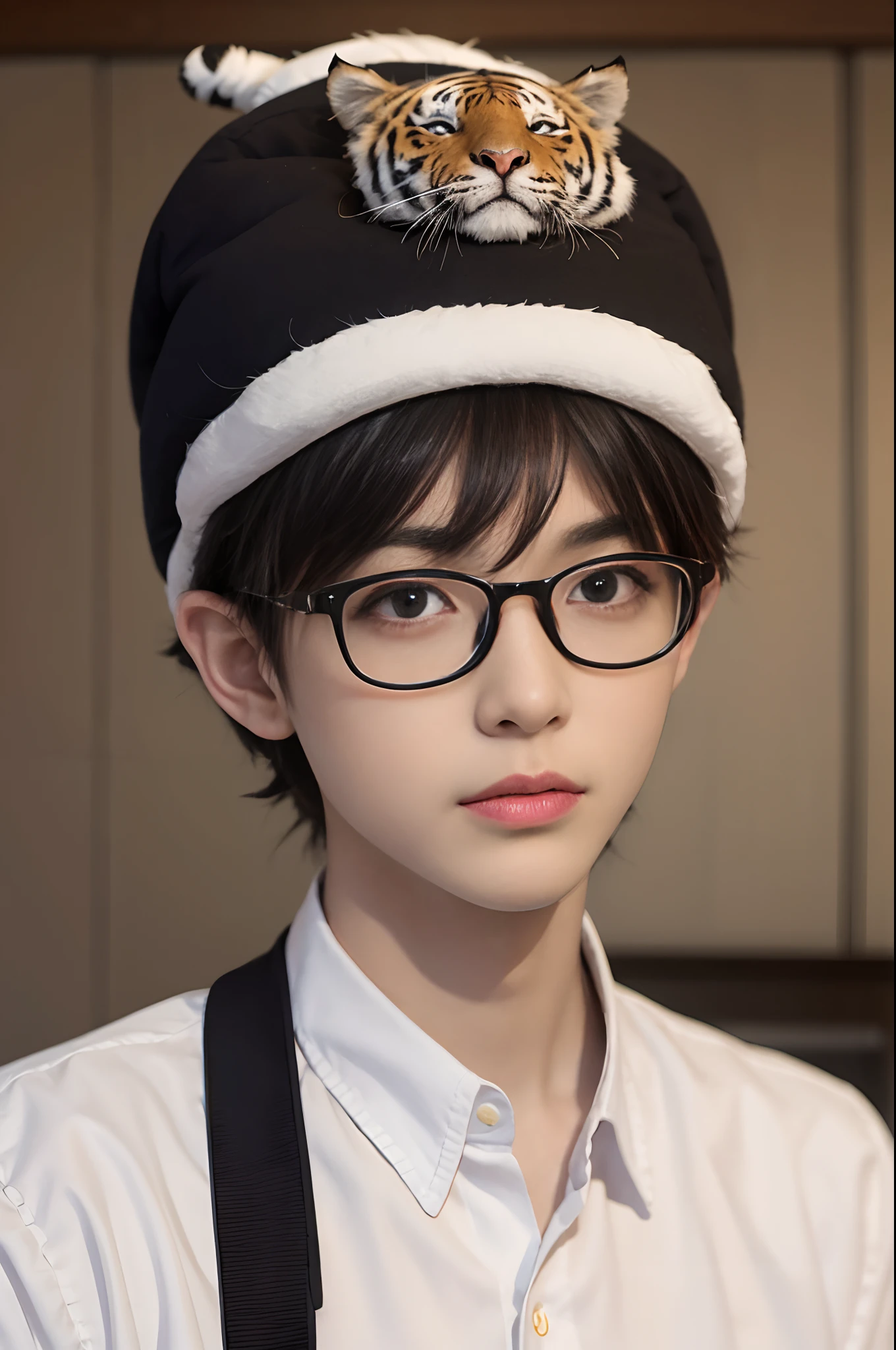 A young man wearing black glasses wearing a tiger hat