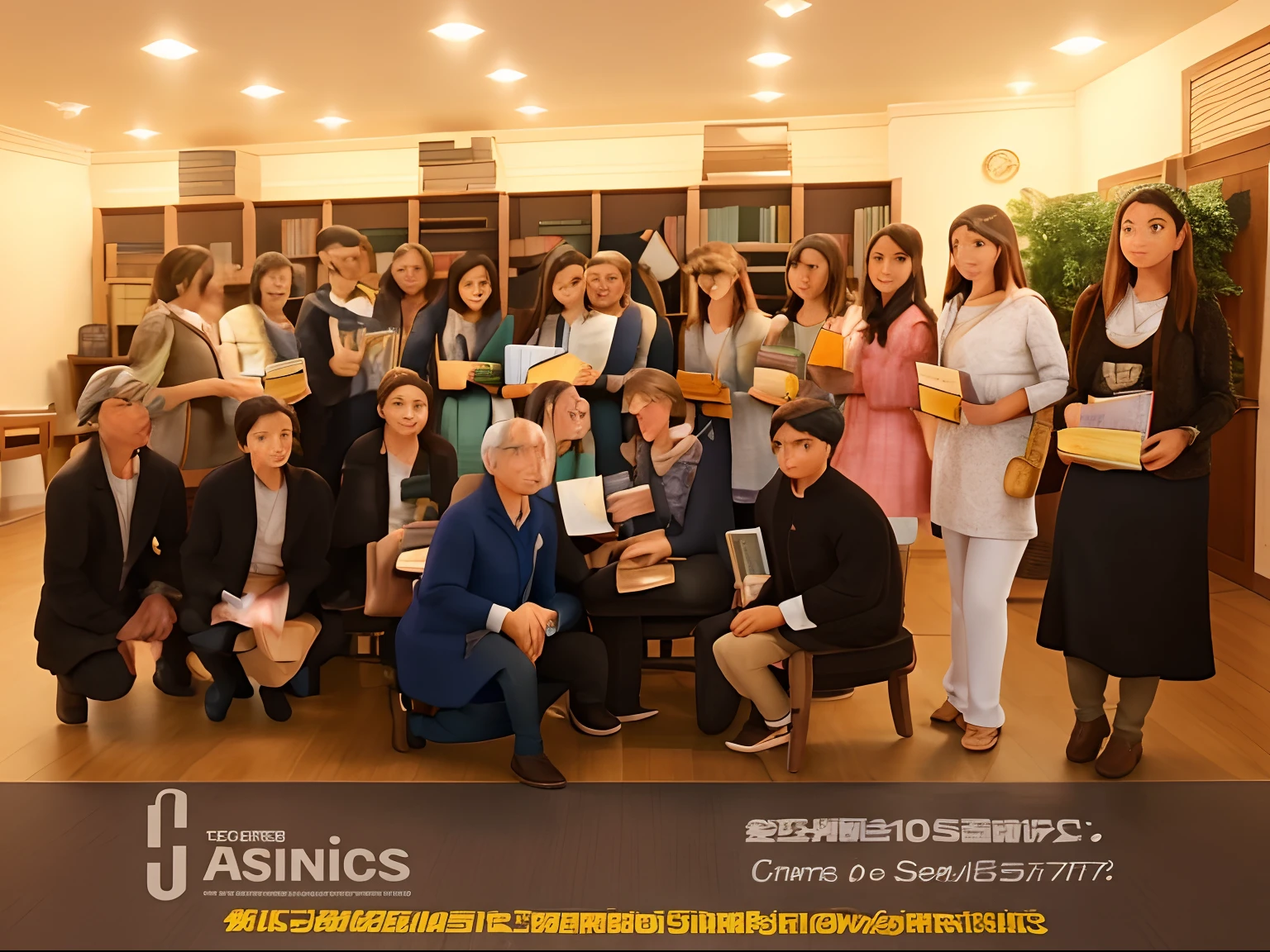 A imagem mostra um grande grupo de pessoas juntas em uma sala, posar para uma foto. There are at least 14 people in the group, With some of them holding books in their hands. Books are of various sizes and are distributed among individuals. The room appears to be a meeting place or a conference room, as there are several chairs placed around the area. A few chairs are located near the front of the room, while others are placed further back. The people in the group are close to each other, criando um senso de unidade e camaradagem.