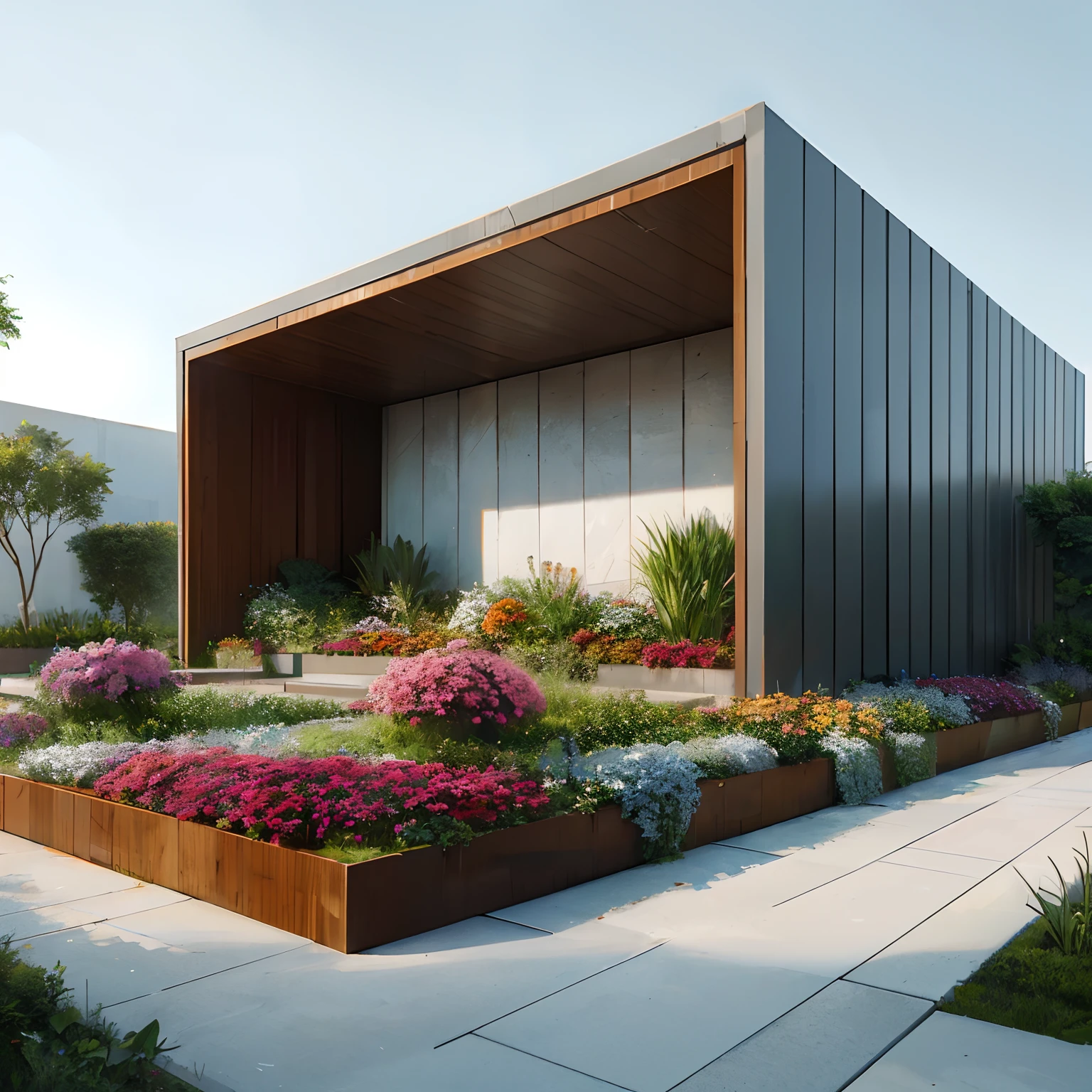A closeup of a building with a garden and a bench, foto de 2022, architectural visualisation, renderizar no vray, architectural 3 d render, design ao ar livre, building cover with plant, jardim realista, beautifully detailed render, lindamente renderizado, vray lindo, architectural render, beautiful aesthetic design, precise architectural rendering, award winning render, lindo renderizado