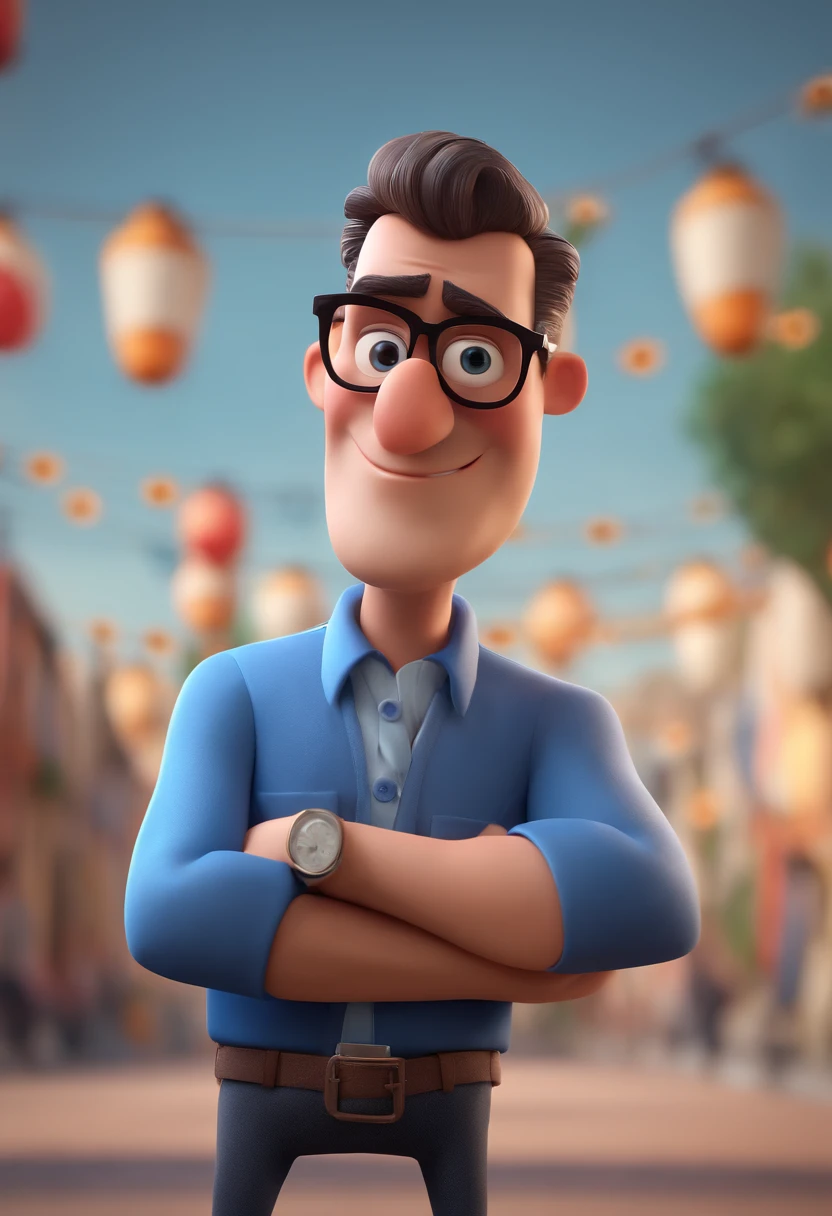 Cartoon character of a man with black glasses and a blue shirt, animation character, Caractere estilizado, animation style rendering, 3D estilizado, Arnold Maya render, 3 d render stylized, toon render keyshot, Personagem 3D, Personagem 3D, 3d rendering stylized, 3 d character render, personagem de desenho animado, Personagem de close up, Pose de personagem,  (Estilo Pixar) (master part:1.2) (Bokeh) (best quality) (pele detalhada) (textura detalhada) (8k) (argila) (Cinematic lighting) (foco nítido