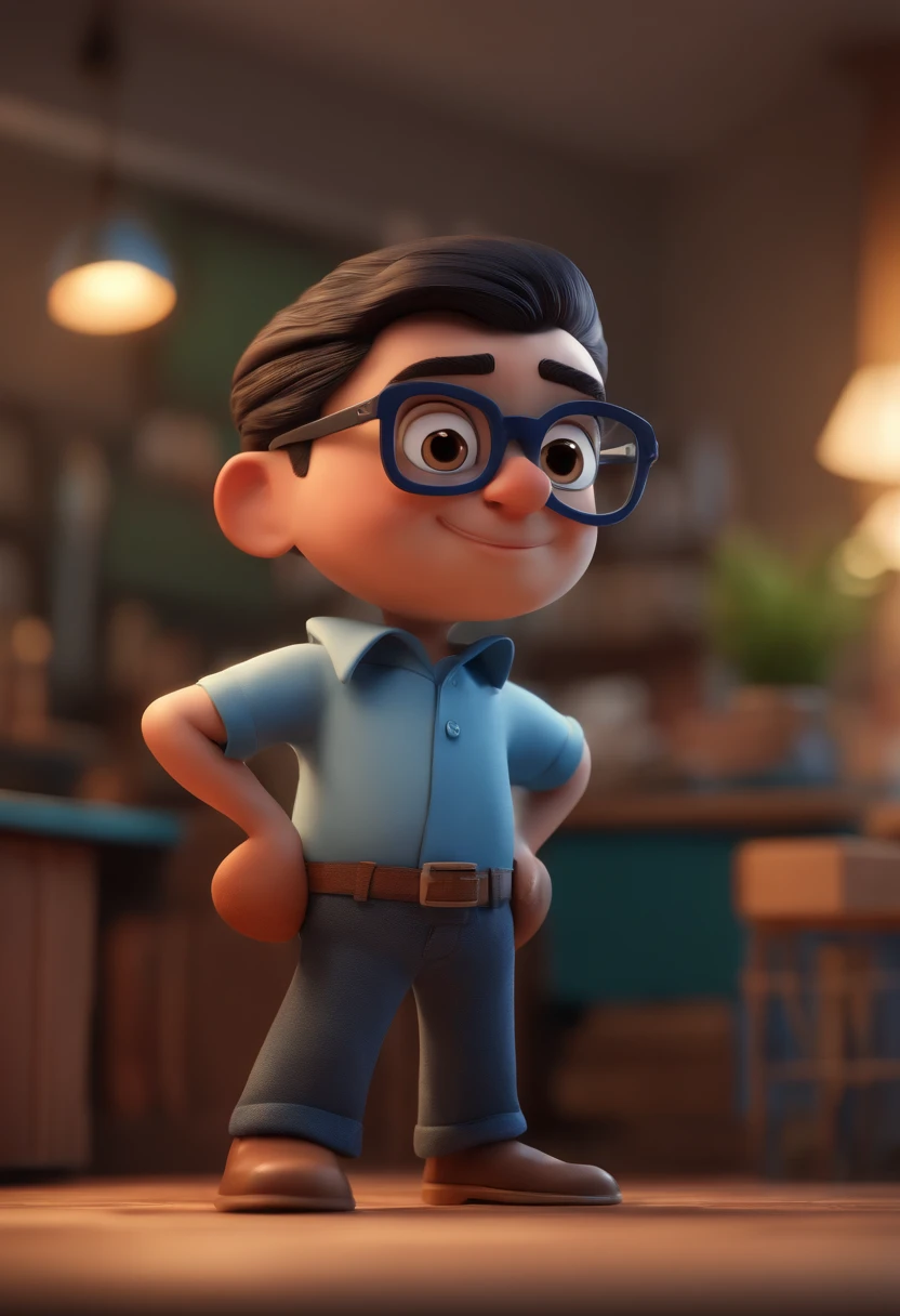 Cartoon character of a man with black glasses and a blue shirt, animation character, Caractere estilizado, animation style rendering, 3D estilizado, Arnold Maya render, 3 d render stylized, toon render keyshot, Personagem 3D, Personagem 3D, 3d rendering stylized, 3 d character render, personagem de desenho animado, Personagem de close up, Pose de personagem, (Estilo Pixar) (master part:1.2) (Bokeh) (best quality) (pele detalhada) (textura detalhada) (8k) (argila) (Cinematic lighting) (foco nítido