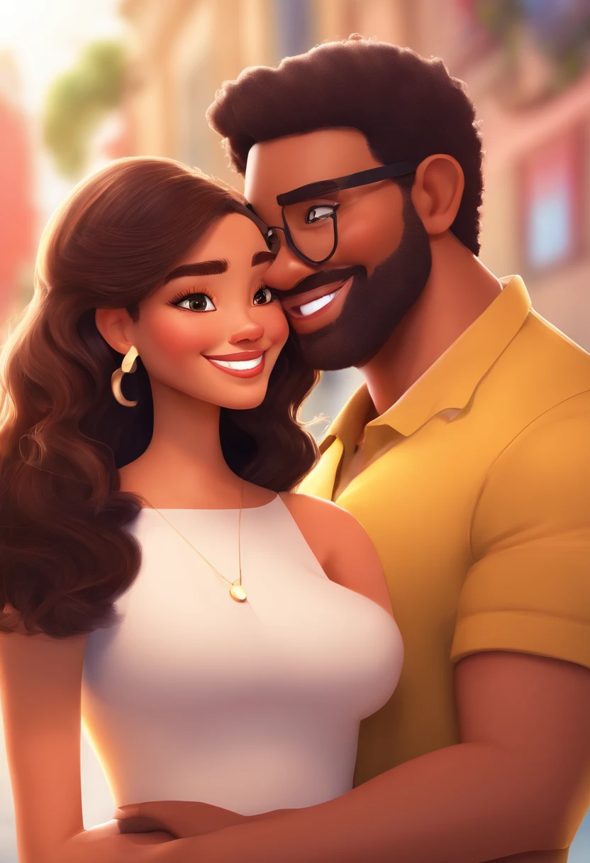 An illustration of an adorable couple, Highlight for a chubby mulatto man with glasses smiling and a brunette woman with beautiful expressive eyes - the man's skin is mulatto and the man's hair haswhile the woman's skin is black and the woman's hair is straight and brown. They are a bright room, cada um com um sorriso no rosto, e compartilhar um momento especial caracterizado pelo amor, Insights. Illustrate this scene from a perspective where they are facing the camera, Smiling and Showing Your Connection. Desenvolva esta arte em Full HD, Focus on your cinematic touch, Estilo Disney Pixar Animations