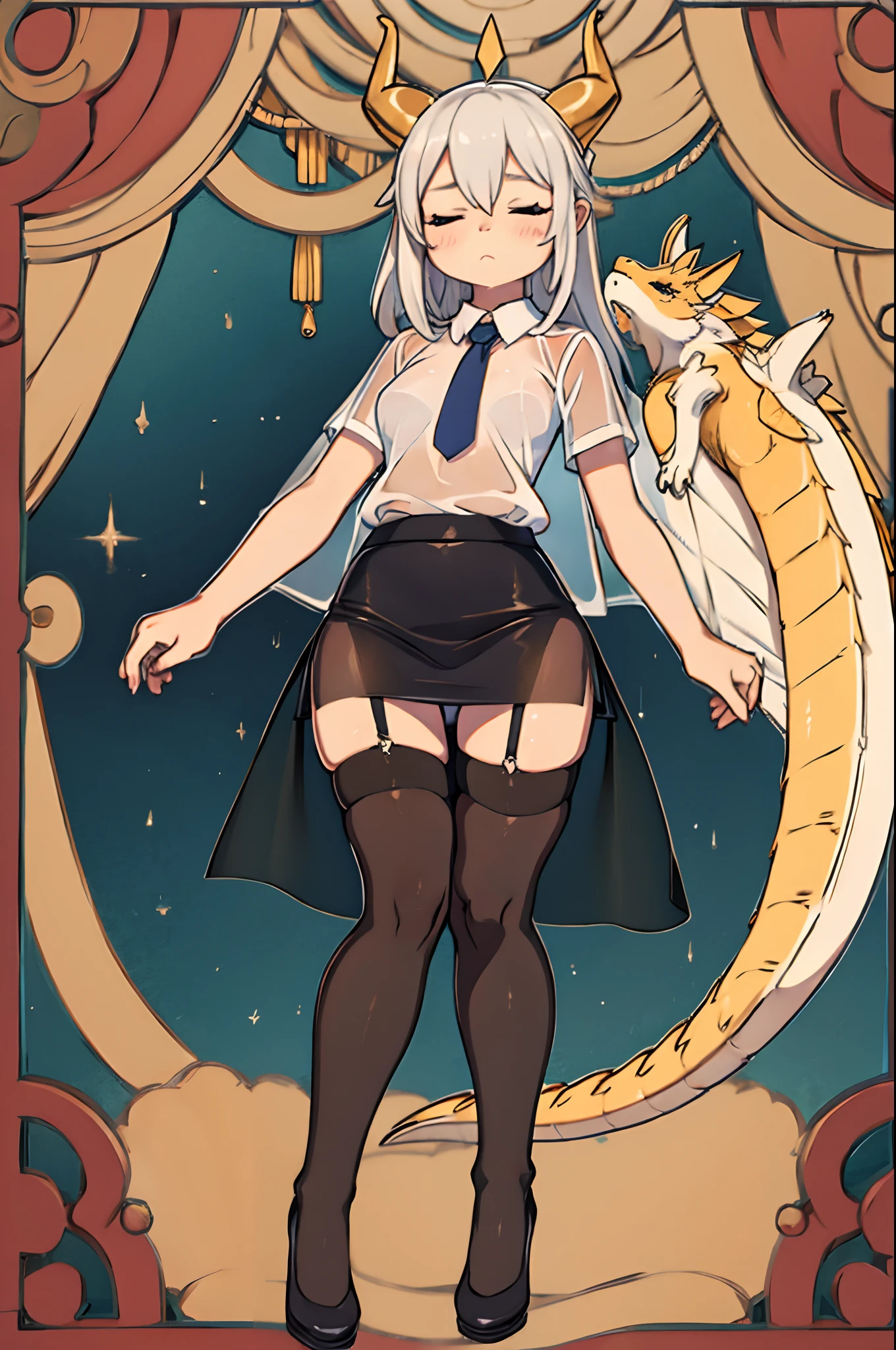 ((see-through and shirt:1.4)),
BREAK,
(masterpiece), best quality, (detailed eyes), long legs, eyeliner, full body,
BREAK,
Dragonewt, (gold dragon horns), small breast:1.3,
BREAK,
Pixie white hair, closed eyes,
BREAK,
((leather pencil skirt)), skirt lift, upskirt, (thong), cameltoe
BREAK,
black stockings, (lace trim), suspender,
BREAK,
see-through and shirt,
BREAK,
white heels, one leg up
BREAK,
