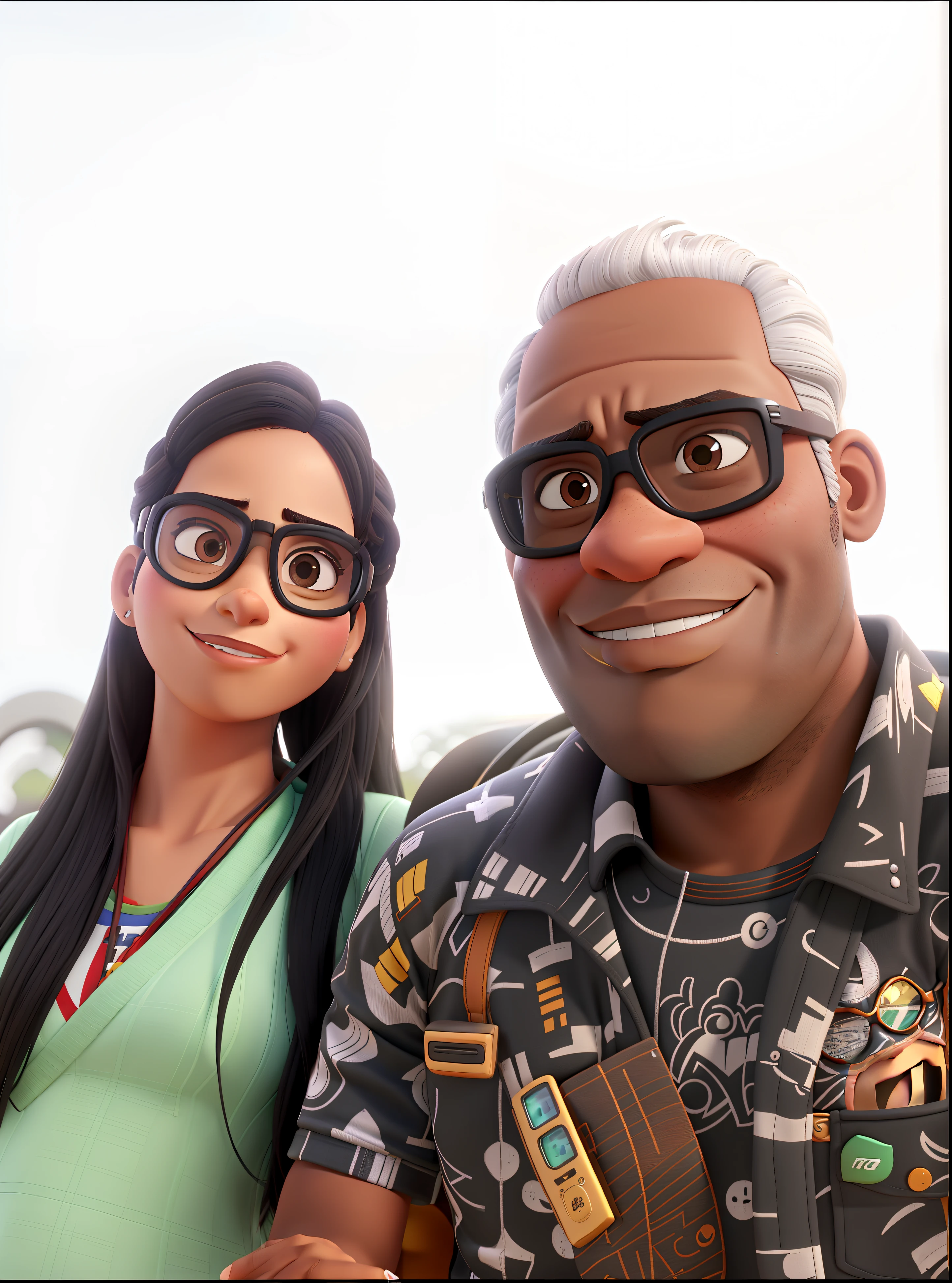 Homem negro, wearing goggles, mulher branca com cabelos preto romantic couple, igual aos filmes Disney Pixar