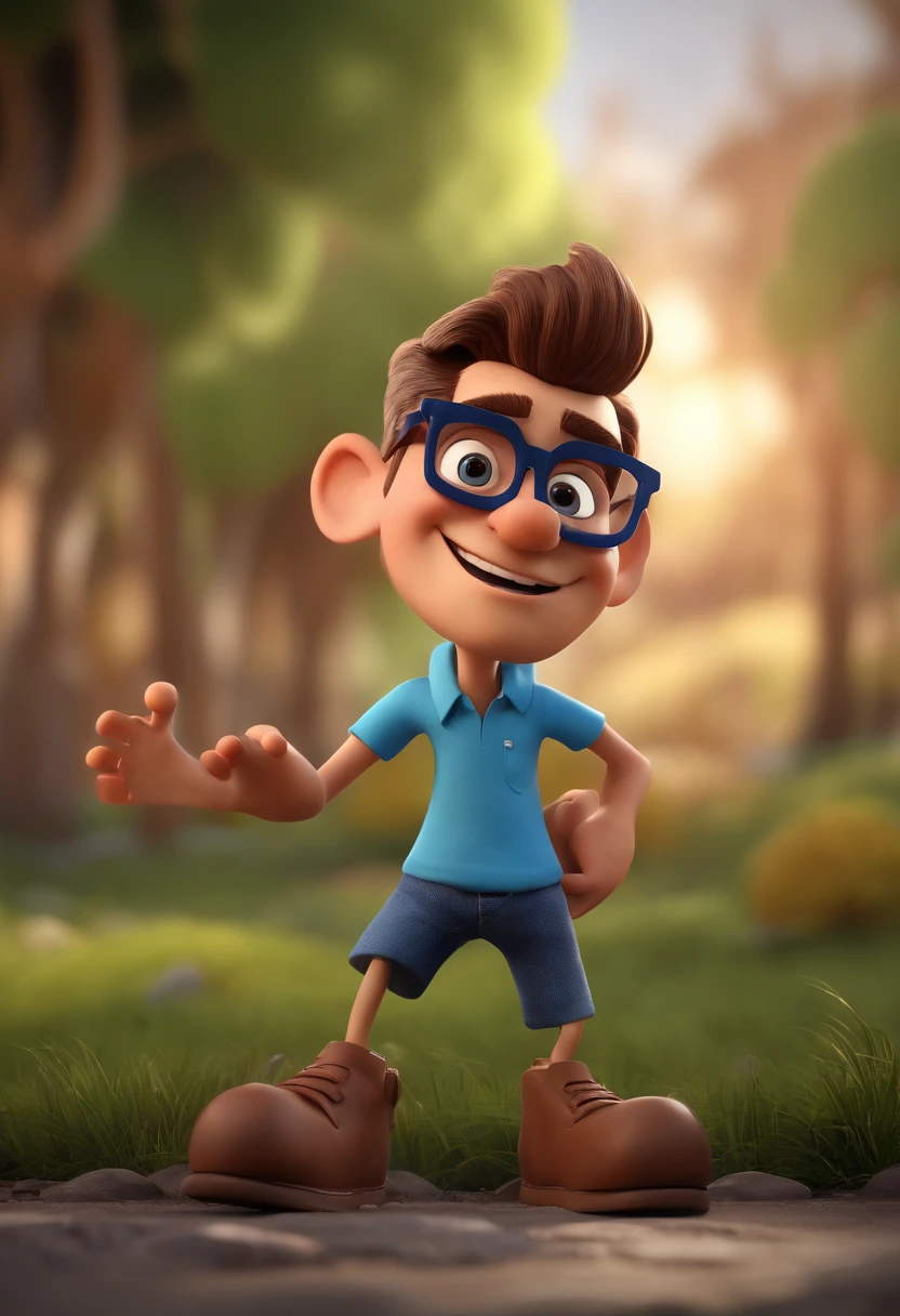 Cartoon character of a man with black glasses and a blue shirt, animation character, Caractere estilizado, animation style rendering, 3D estilizado, Arnold Maya render, 3 d render stylized, toon render keyshot, Personagem 3D, Personagem 3D, 3d rendering stylized, 3 d character render, personagem de desenho animado, Personagem de close up, Pose de personagem,  (Estilo Pixar) (master part:1.2) (Bokeh) (best quality) (pele detalhada) (textura detalhada) (8k) (argila) (Cinematic lighting) (foco nítido