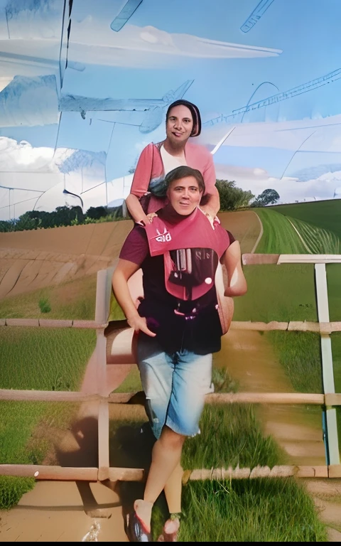 There's a man and a woman standing on a fence in a field, em uma fazenda, foto de perfil, imagem de perfil, photo shoot, album photo, vacation photo, biological photo, standing astride a gate, Tiro de RP, Foto tirada em 2018, Standing in a field, Standing in the Mad Max Panzer tank, com henge de pedra no topo