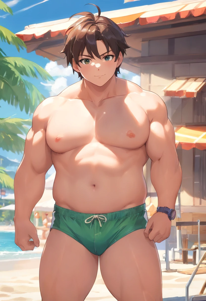 Fat lifeguard，son gohan，He was top-naked，Wear sexy white briefs：1.2，mesmerizing eyes，Tall and chubby，fat，Tall, chubby and fat， Extremely detailed depiction of faces，Exquisite facial features，super gain and cool， commission for high resolution， Attractive strong men，Leisurely basking in the sun，model poses，full bodyesbian，Thick thighs and calves，over-Tortoise Man，