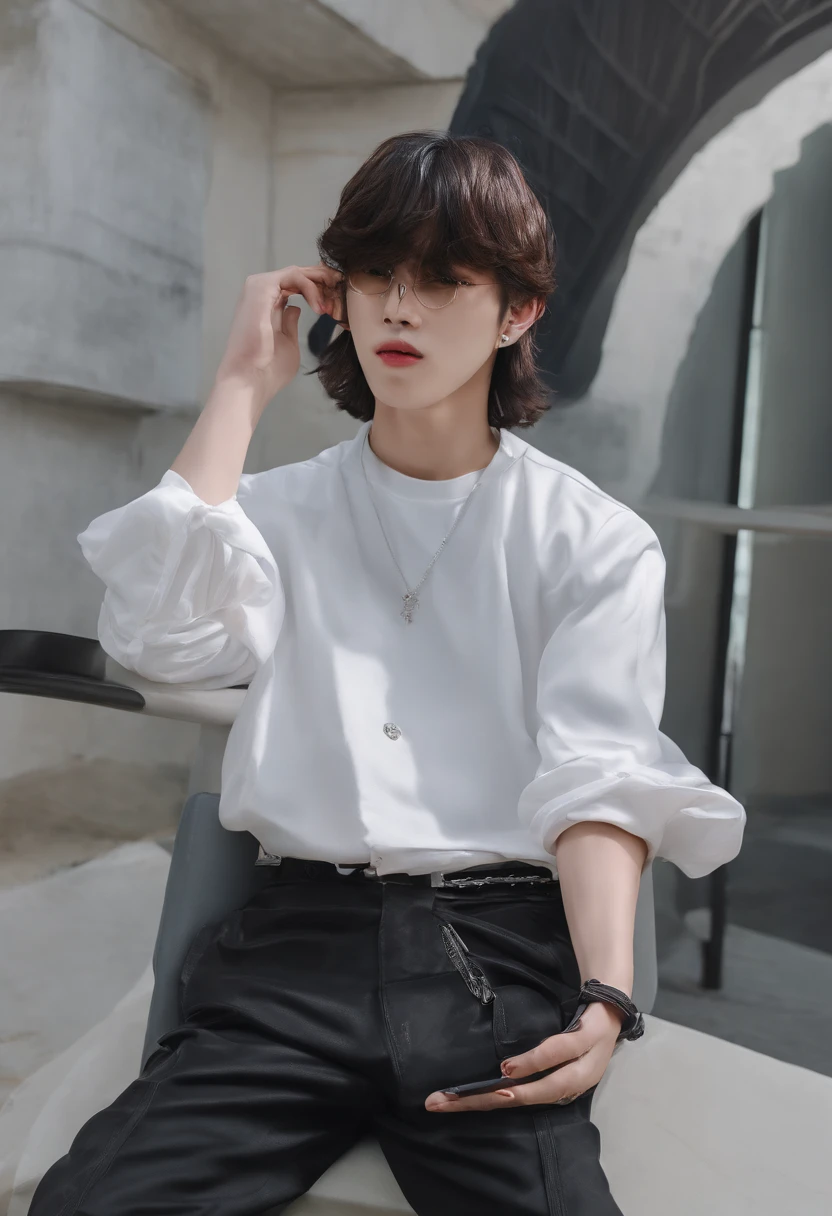 a handsome Korean man with short coma hair, wearing sunglasses, wearing earrings, wearing casual clothes such as a black shirt, white tie, is standing in a dark room, black background. REALISTIC HD