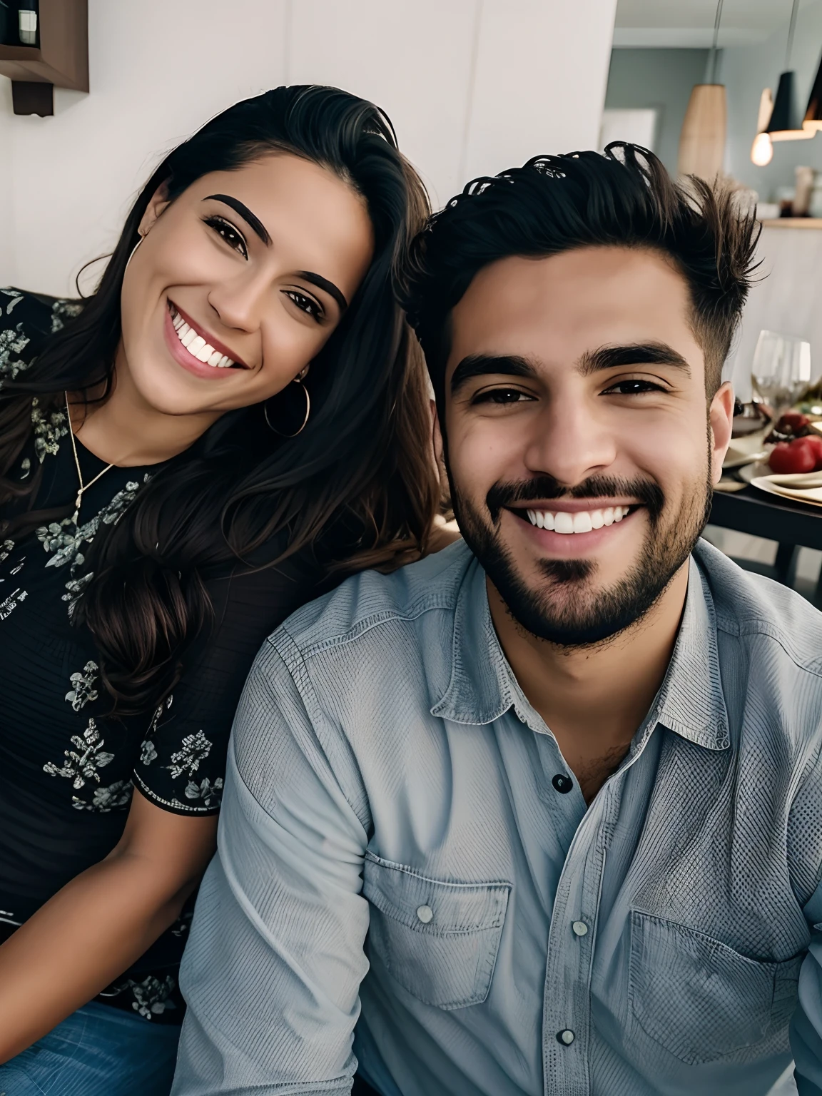 casal sorridente sentado em um restaurante com uma mulher segurando um prato de comida, Directed by: Nandor Soldier, Casal feliz, foto de baixa qualidade, par, Postagem 4k, 4 k post, Lovely couple, imagem de qualidade muito baixa, In Sao Paulo, both smiling for the camera, by Amelia Peláez, Postagem no Reddit, casal sorridente, imagem de perfil