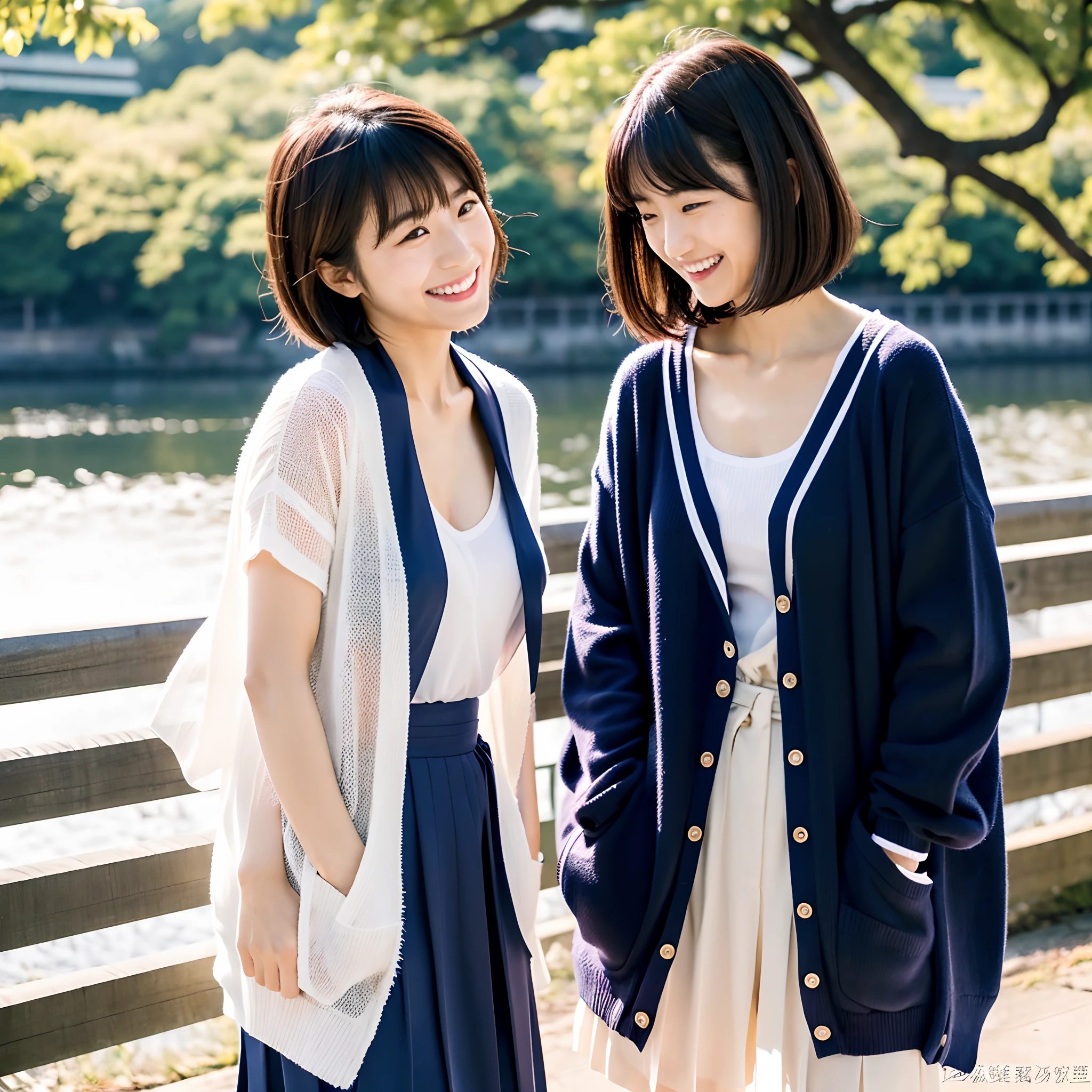 Two Japan women taking photos in a park on the Sumida River in Japan、She was a 27-year-old woman with loose, fluffy short hair and lobbed hair、One is a 31-year-old woman with small breasts and a dark brown lob、The two are having fun、small tits、Small、discreet breasts、street snap、Adult Women's Plain Clothes、a sailor suit、cardigan、Sheer feeling、Beautuful Women、