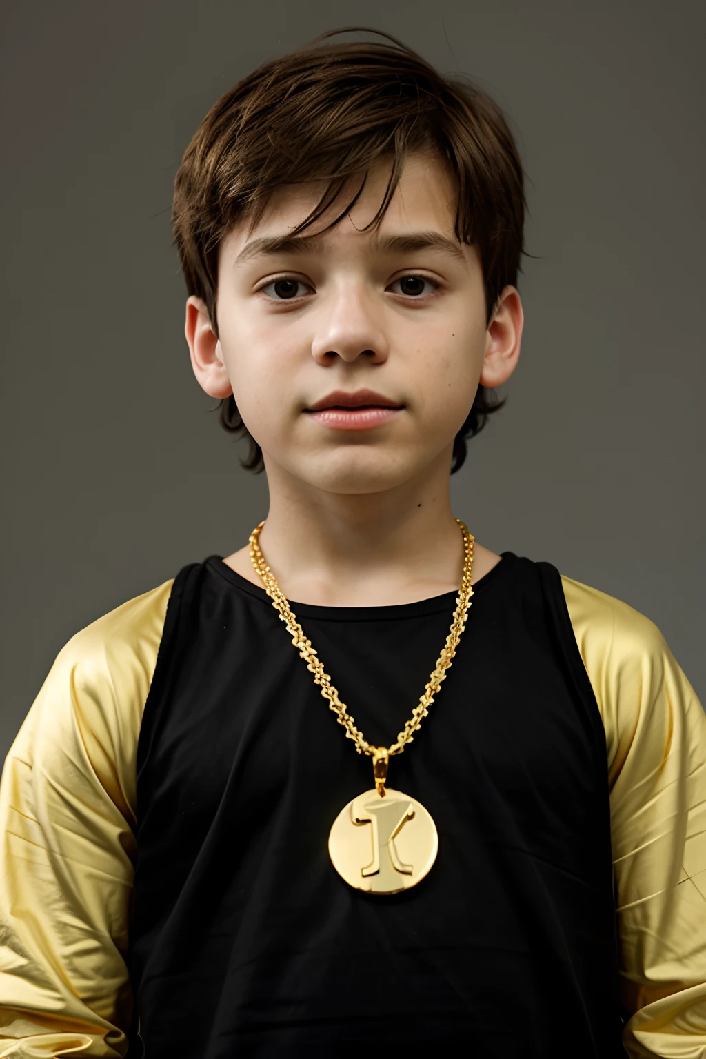 Put a gold necklace around the boy's neck