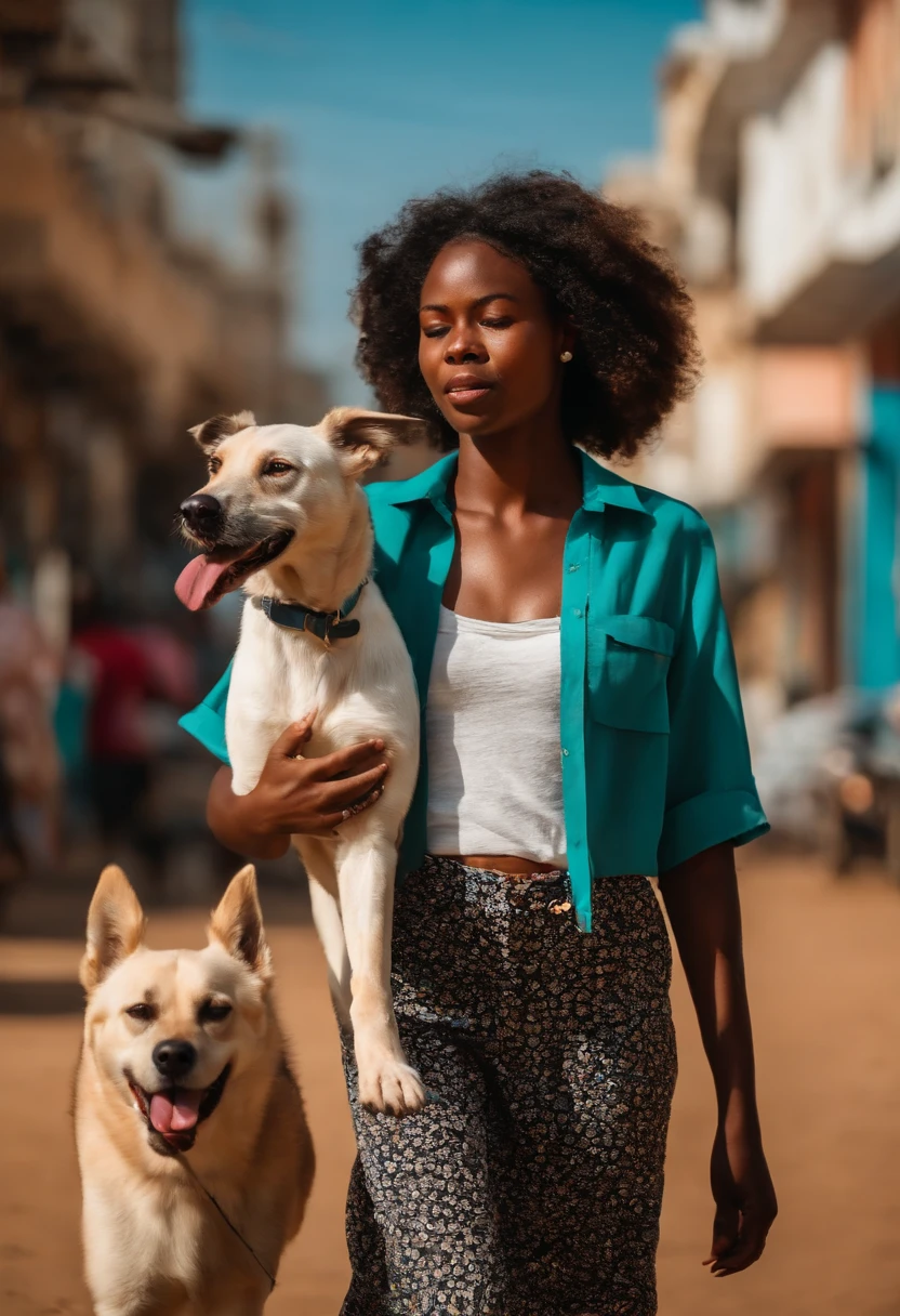 A beautiful young woman named Ayla walking through the streets of Luanda in Angola with very excited doggy sky