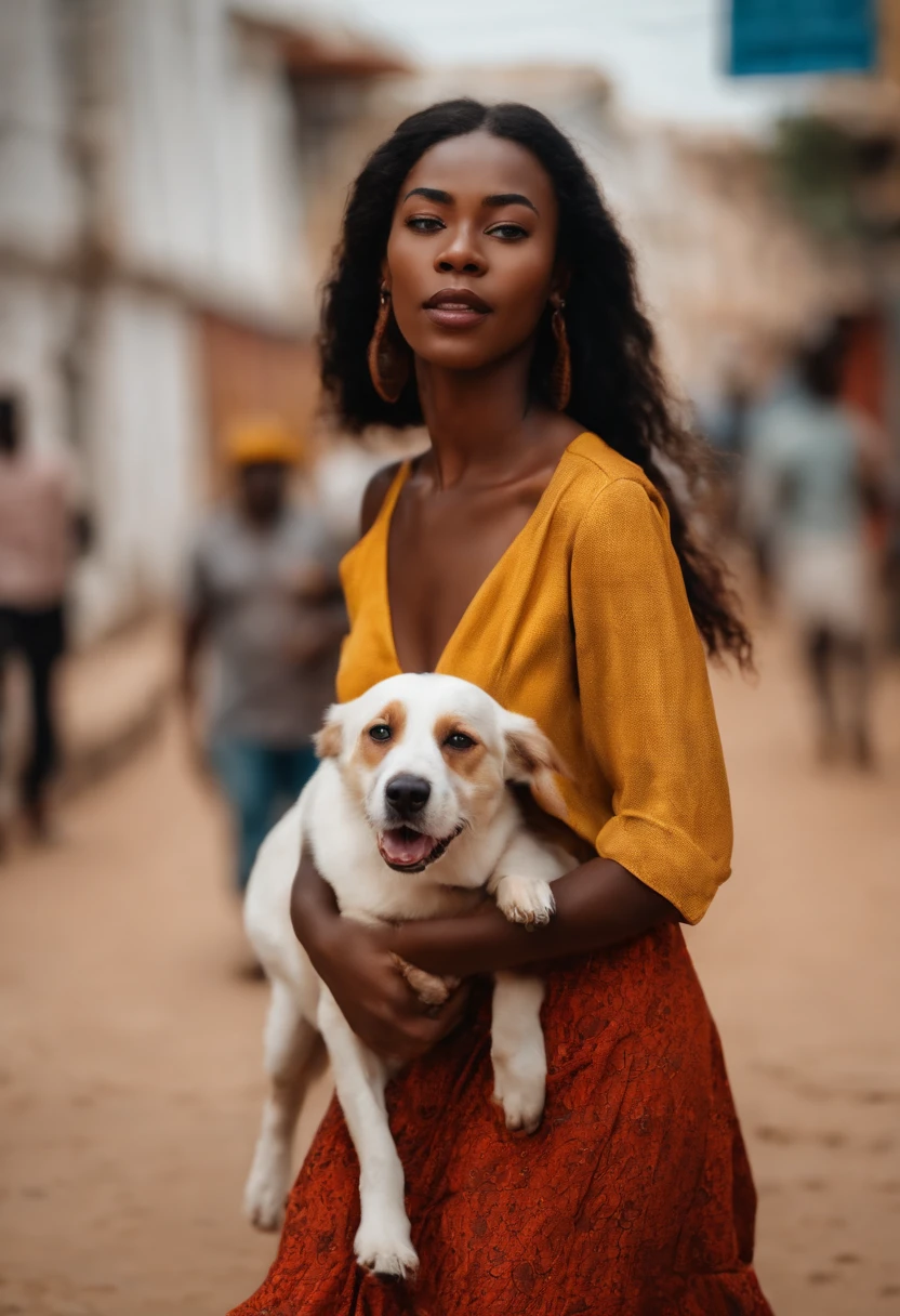 A beautiful young woman named Ayla walking through the streets of Luanda in Angola with very excited doggy sky