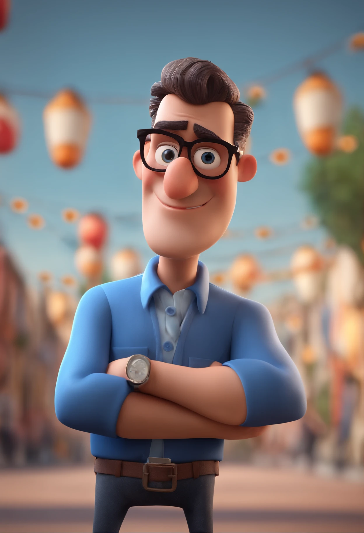 Cartoon character of a man with black glasses and a blue shirt, animation character, Caractere estilizado, animation style rendering, 3D estilizado, Arnold Maya render, 3 d render stylized, toon render keyshot, Personagem 3D, Personagem 3D, 3d rendering stylized, 3 d character render, personagem de desenho animado, Personagem de close up, Pose de personagem,  (Estilo Pixar) (master part:1.2) (Bokeh) (best quality) (pele detalhada) (textura detalhada) (8k) (argila) (Cinematic lighting) (foco nítido