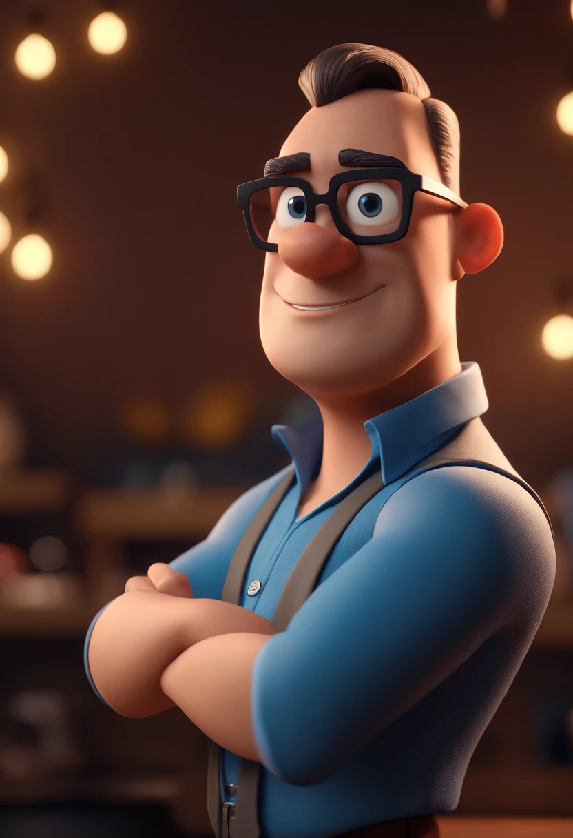 Cartoon character of a man with black glasses and a blue shirt, animation character, Caractere estilizado, animation style rendering, 3D estilizado, Arnold Maya render, 3 d render stylized, toon render keyshot, Personagem 3D, Personagem 3D, 3d rendering stylized, 3 d character render, personagem de desenho animado, Personagem de close up, Pose de personagem, (Estilo Pixar) (master part:1.2) (Bokeh) (best quality) (pele detalhada) (textura detalhada) (8k) (argila) (Cinematic lighting) (foco nítido