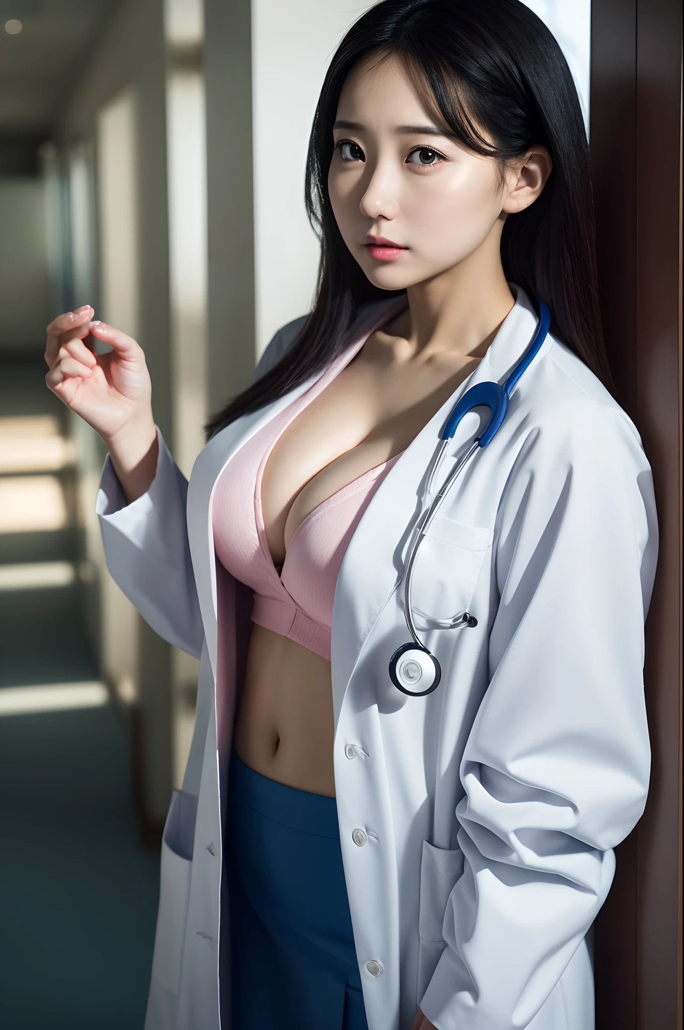 Photorealistic beautiful doctor、stunningly beautiful、Wearing the Doctor's lab coat over a shirt,, (top-quality、8K、32K、masterpiece、nffsw:1.3)、超A high resolution,(Photorealsitic:1.4),Raw photography, Detailed face,,Beautiful hair, ((Doctor Style)), , tight skirts、 Natural makeup, Breast cleavage, large full breasts、inside hospital, Detailed background, Perfect Lighting, depth of fields, Beautiful shadow gradient,stethoscope ,