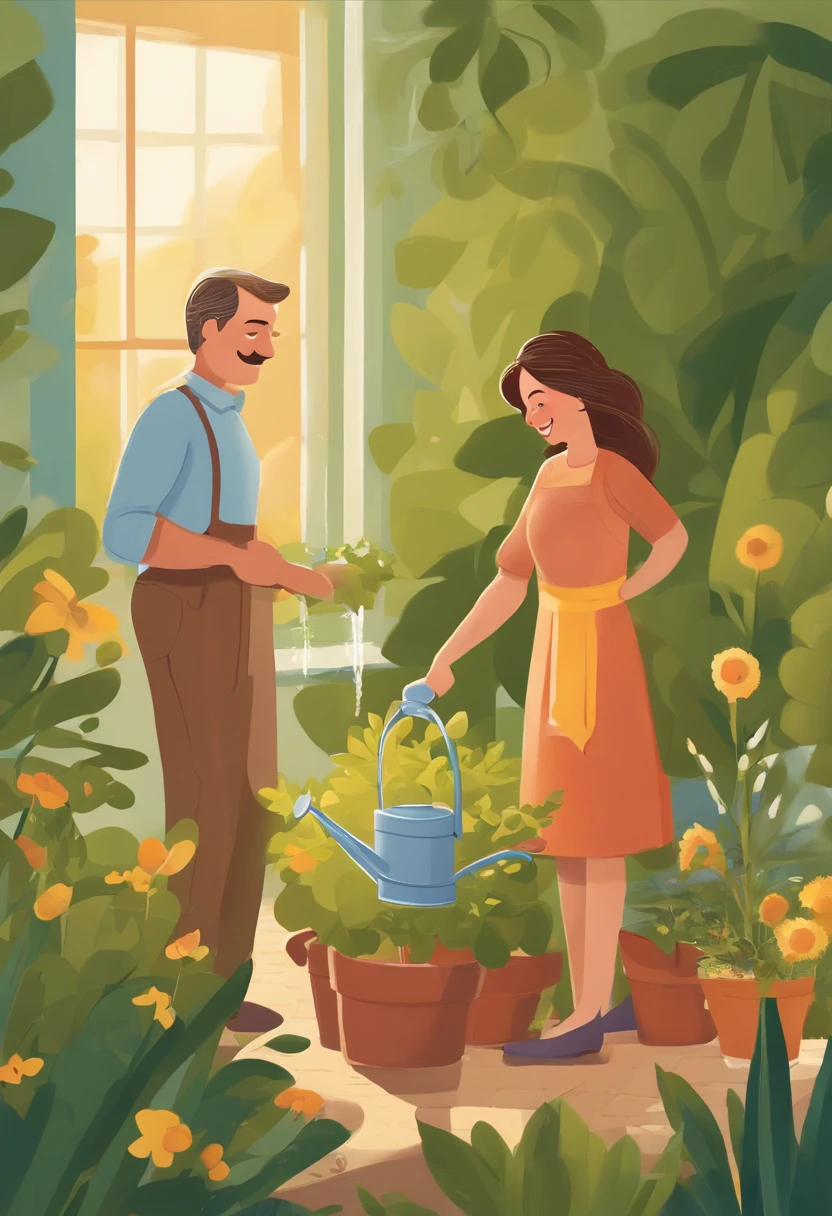 There's a middle-aged man and a girl watering plants, illustration for children's book, illustration for children's book, illustration for children's book, commercial illustration, illustration for children's book, flat illustration, detailed 2d illustration, 2d illustration, 2d illustration, illustration for children's book, illustration for children's book, illustration, Children's illustration, professional illustration