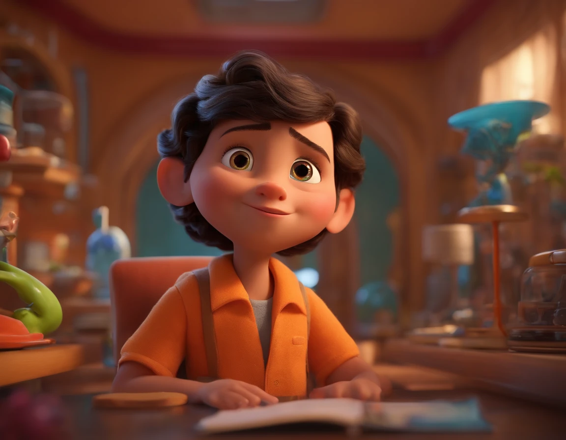 Um arquiteto de sonhos futurista, mas realista, inspired by Pixar animation, de perto. The character takes center stage with captivating facial expressions, oferecendo um toque de irrealidade.