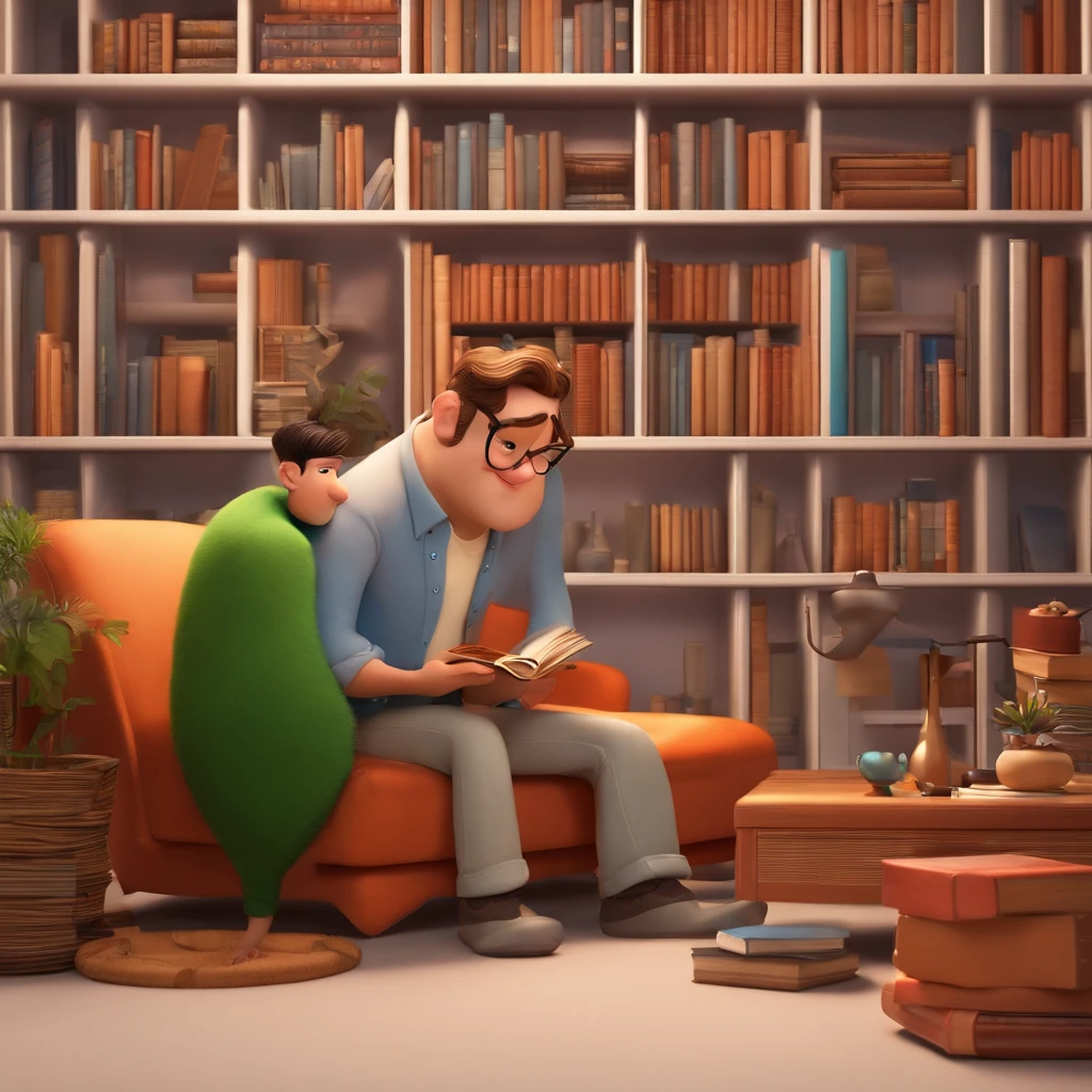 fundo branco, pixar desenhos animados 3D, homem lendo um livro, ::estilo pixar cartoon