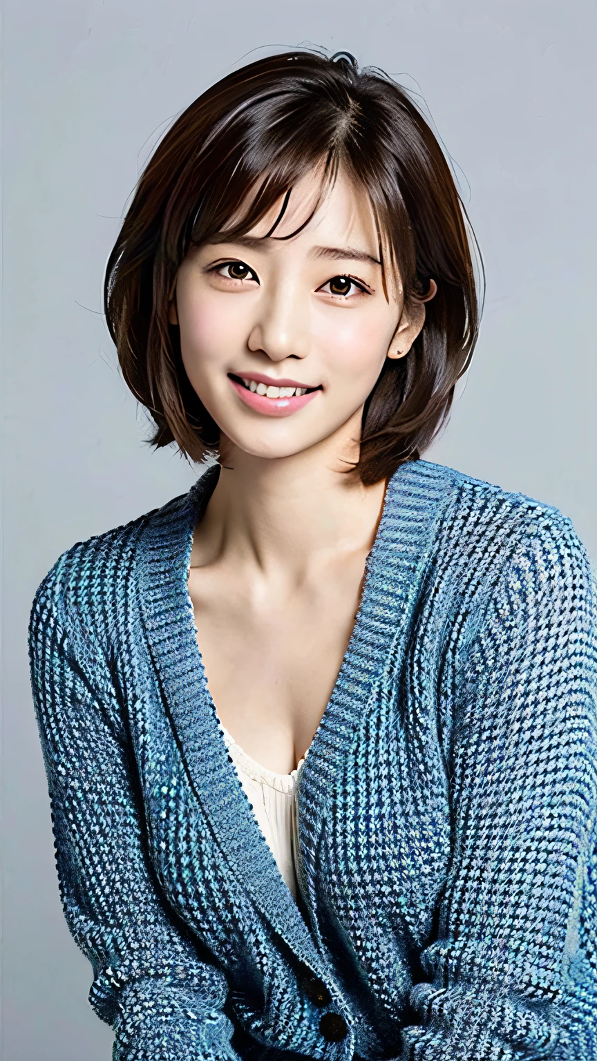 (top-quality、8k、32k、masterpiece、UHD:1.2)、Photo of a cute Japanese woman、very short bobbed hair、The upper part of the body、sface focus、oversized_sweater、a necklace、simple background、From above、looking at the viewers、Happy smile、Smile happily、