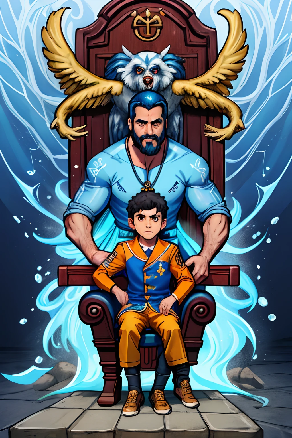 coroa, trono, gelo, Cena de inverno, gelado sobre o trono, 1st grade, sentado, Foco masculino, bird, barba, pele azul, facial hair, pinguim, sozinho, tema azul, cabo, pele colorida, cabelos brancos, (Zemaranhar, emaranhar, mandala:0.5),  NeonIluminação NeonIluminaçãoCena DemonUnderWorld Terra-QualidadePos,
