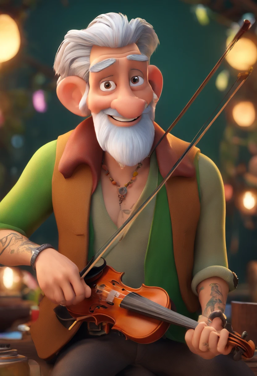 Create a Disney Pixar poster of a 49-year-old man, gray hair with low cut, green eyes, skinny, beardless, with defined body, tattoo on the tribal right arm and eagle tattoo on the whole shirtless left arm, playing the violin