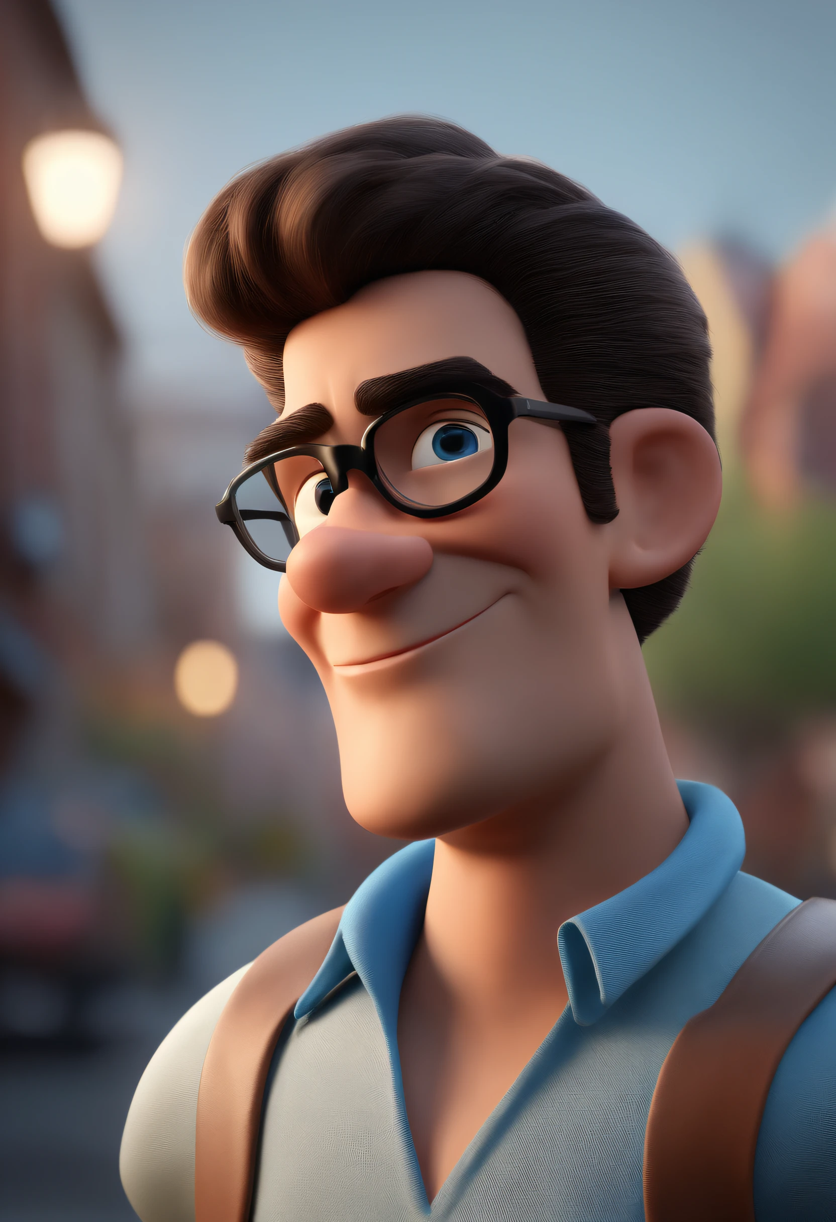 Cartoon character of a man with black glasses and a blue shirt, animation character, Caractere estilizado, animation style rendering, 3D estilizado, Arnold Maya render, 3 d render stylized, toon render keyshot, Personagem 3D, Personagem 3D, 3d rendering stylized, 3 d character render, personagem de desenho animado, Personagem de close up, Pose de personagem, (Estilo Pixar) (master part:1.2) (Bokeh) (best quality) (pele detalhada) (textura detalhada) (8k) (argila) (Cinematic lighting) (foco nítido