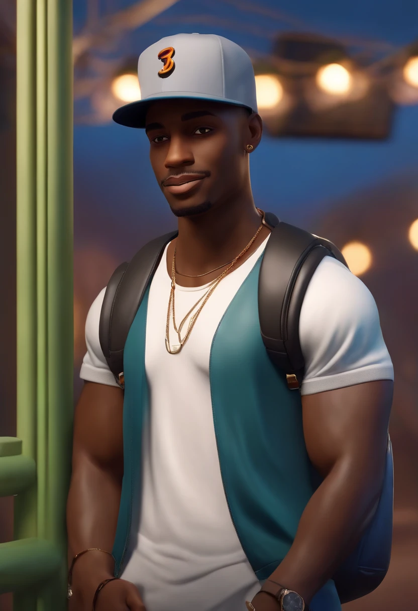 A black man in a cap without a beard ,olhos castanhos, com fones de ouvido, A music studio in the background, Imagem no estilo Pixar, Estilo de filme animado 3D, Disney, camiseta preta
